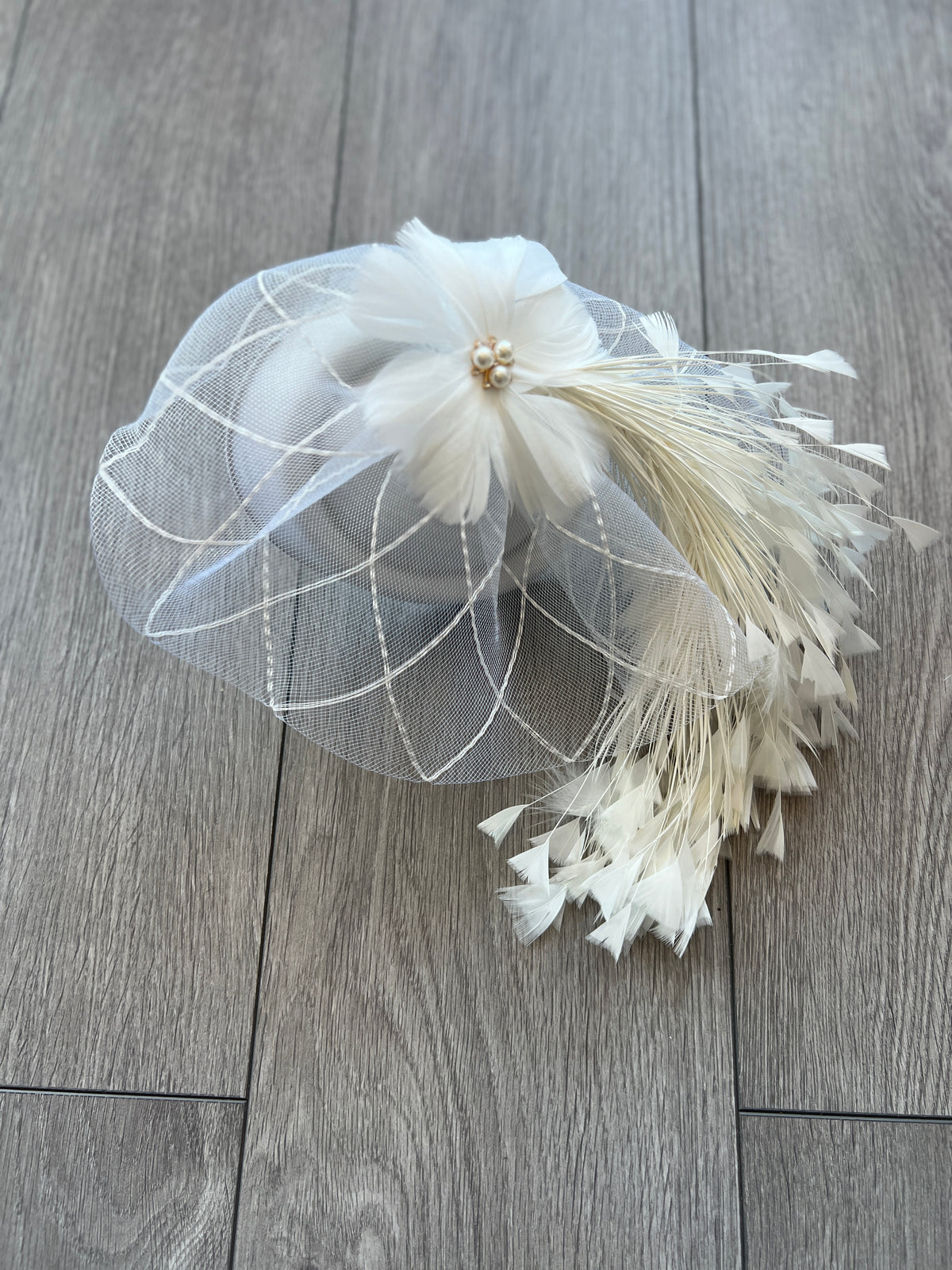 White Pillbox Fascinator With An Array Of Feathers &amp; Feather Flower With Pearl Detail-Fascinators Direct