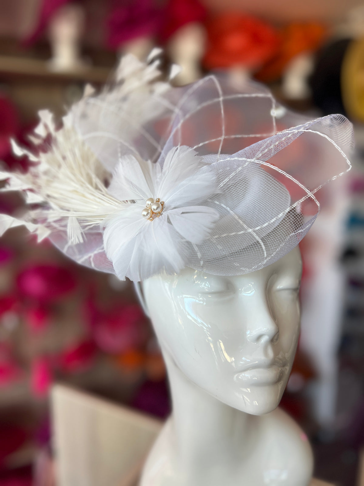 White Pillbox Fascinator With An Array Of Feathers &amp; Feather Flower With Pearl Detail-Fascinators Direct