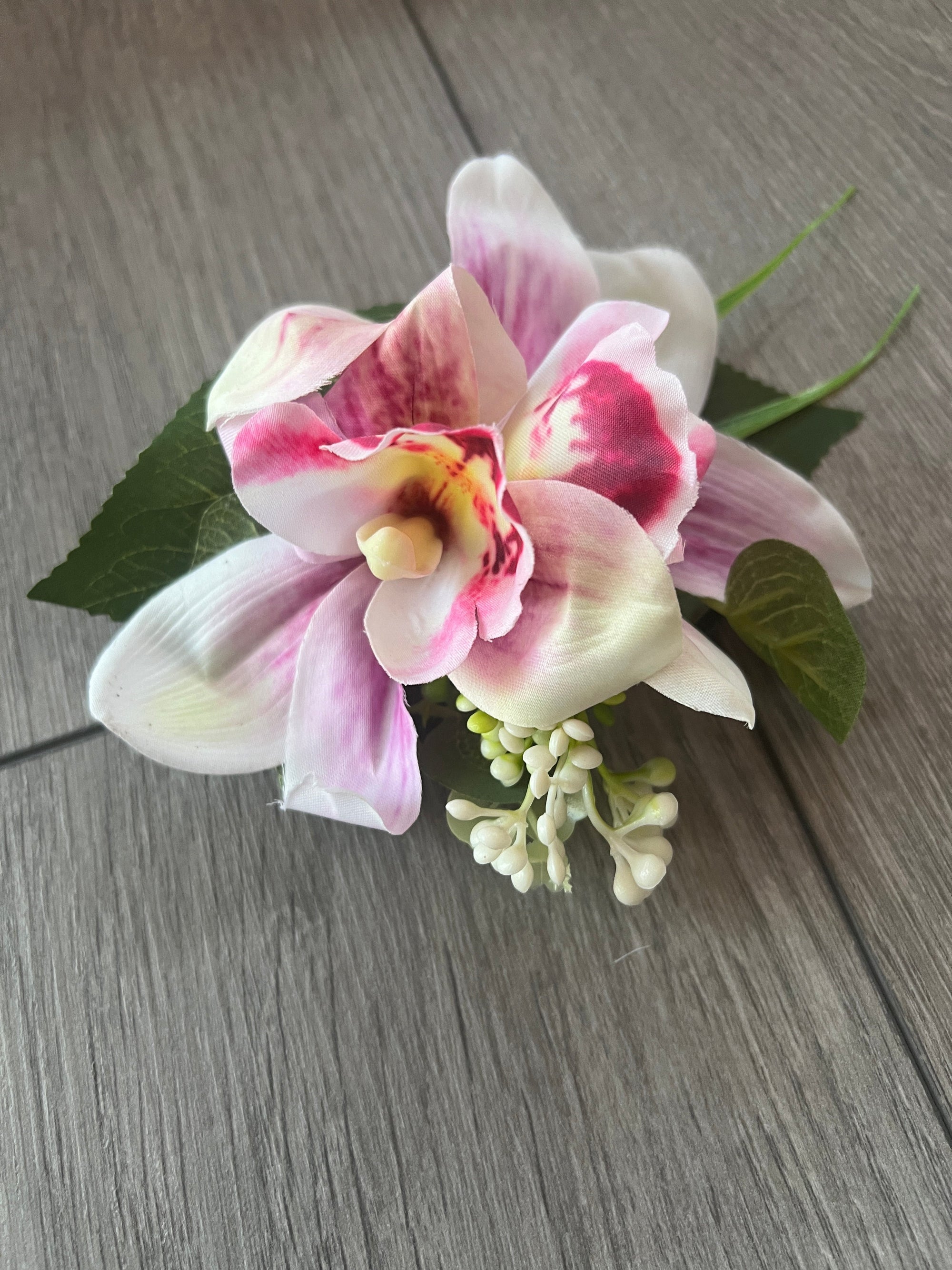 White & Pink Orchid Flower Hair Clip With Foliage-Fascinators Direct