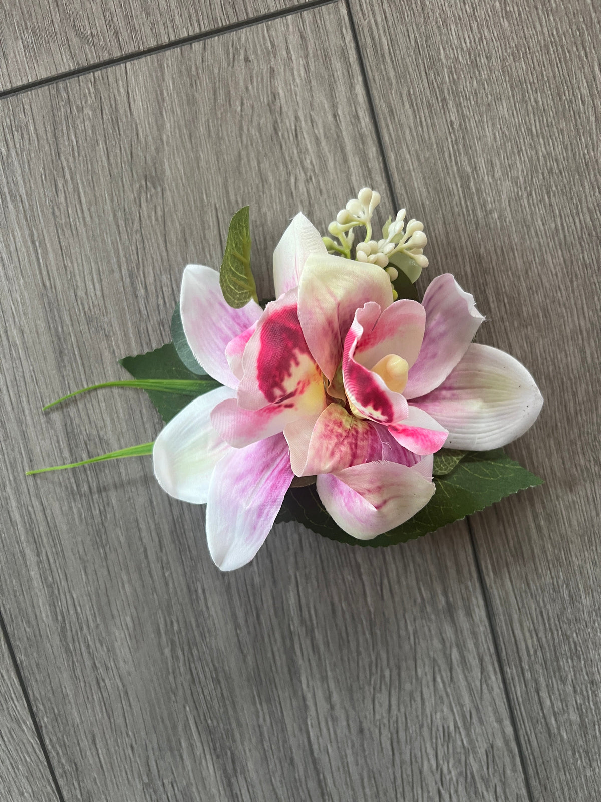 White &amp; Pink Orchid Flower Hair Clip With Foliage-Fascinators Direct