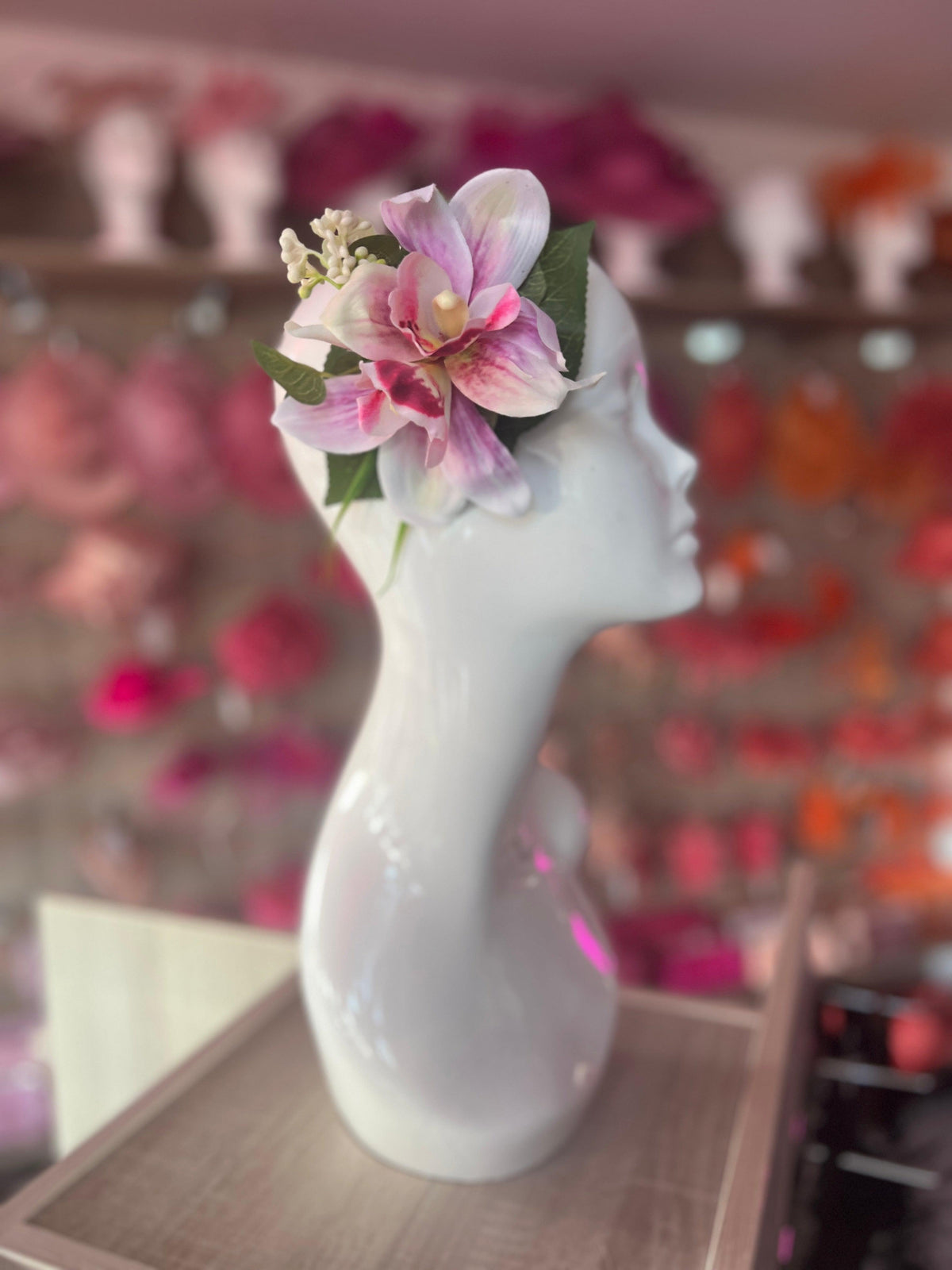 White &amp; Pink Orchid Flower Hair Clip With Foliage-Fascinators Direct