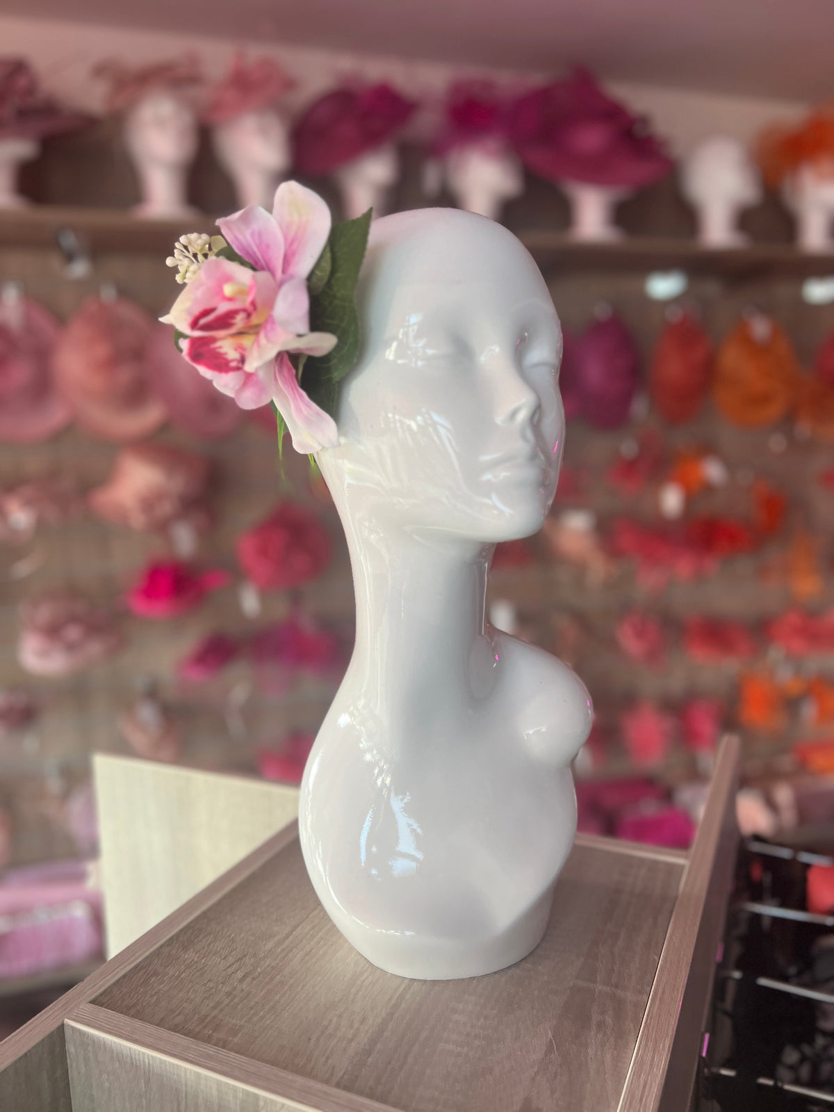 White &amp; Pink Orchid Flower Hair Clip With Foliage-Fascinators Direct