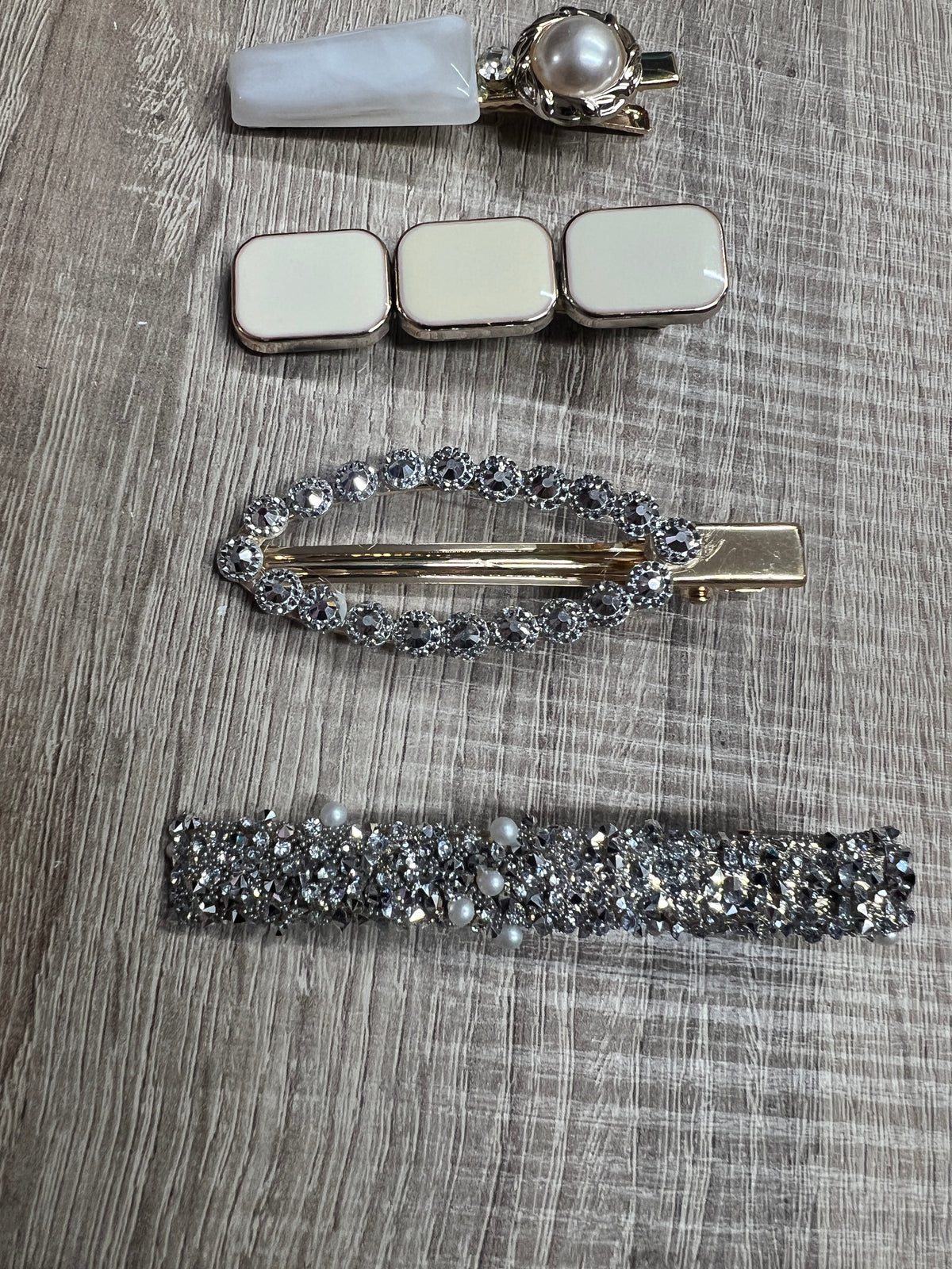 White Resin &amp; Rhinestone Hair Clips Set x6-Fascinators Direct