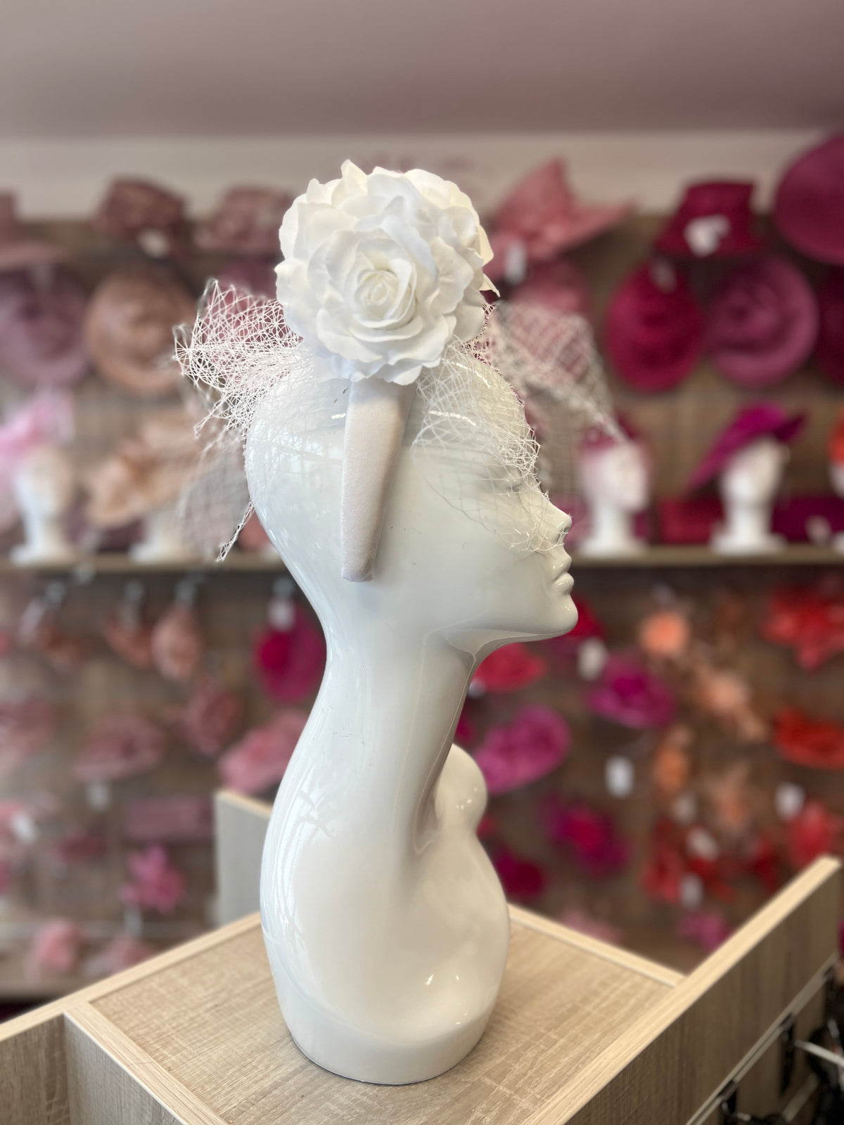 White Rose &amp; Netting Chunky Headband Fascinator-Fascinators Direct