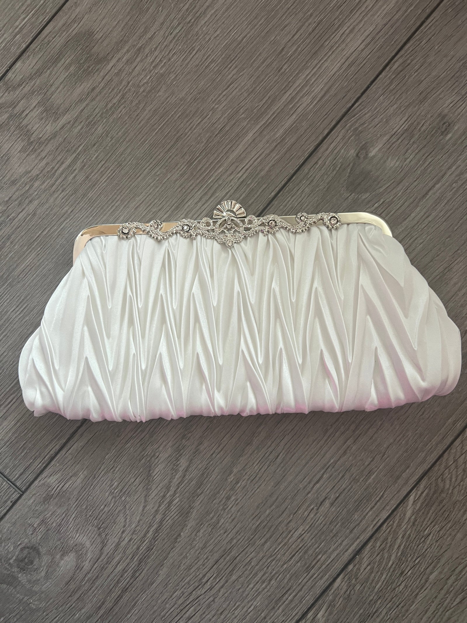 White Satin Art Deco Detail Clutch Bag-Fascinators Direct