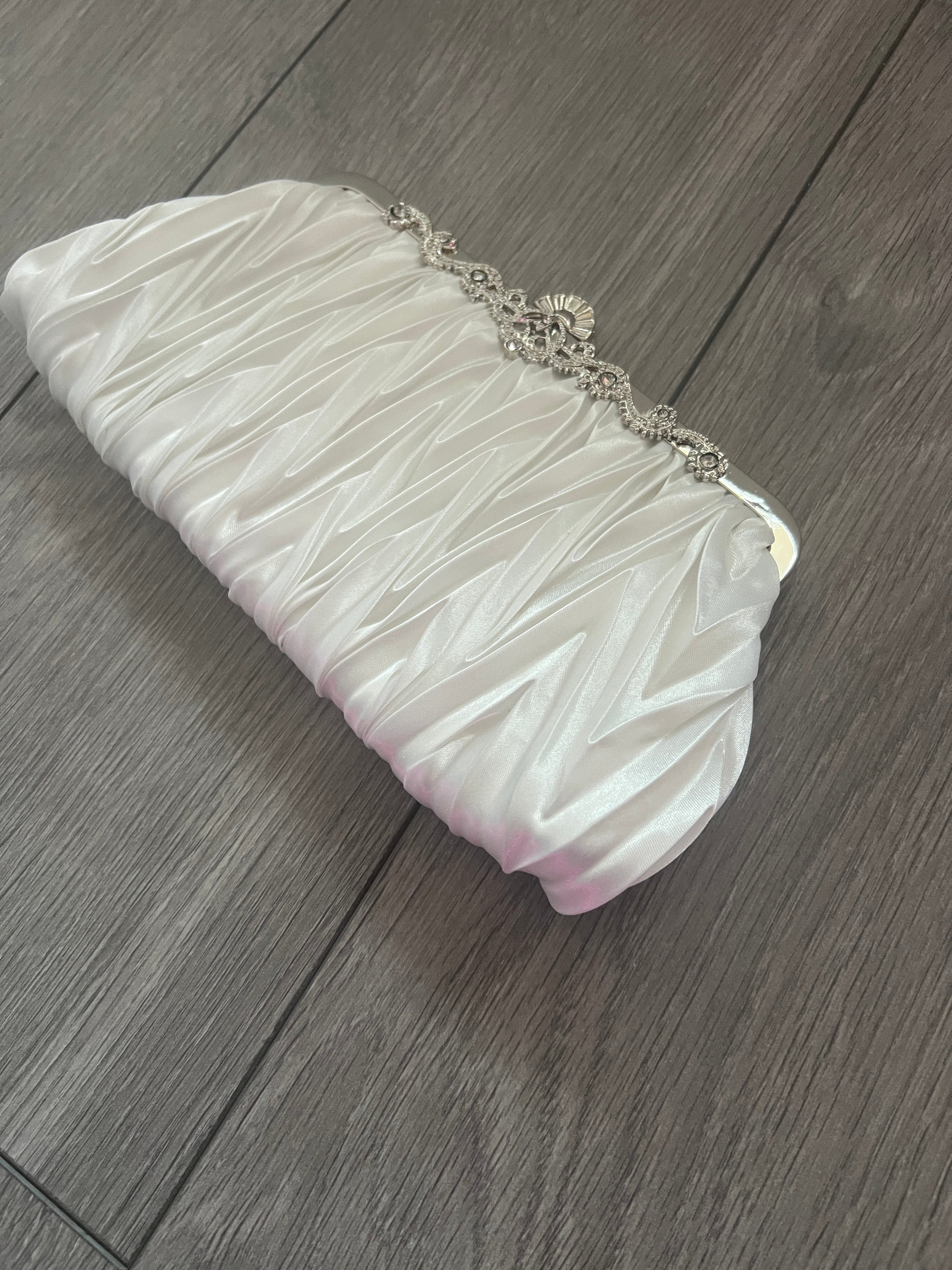 White Satin Art Deco Detail Clutch Bag
