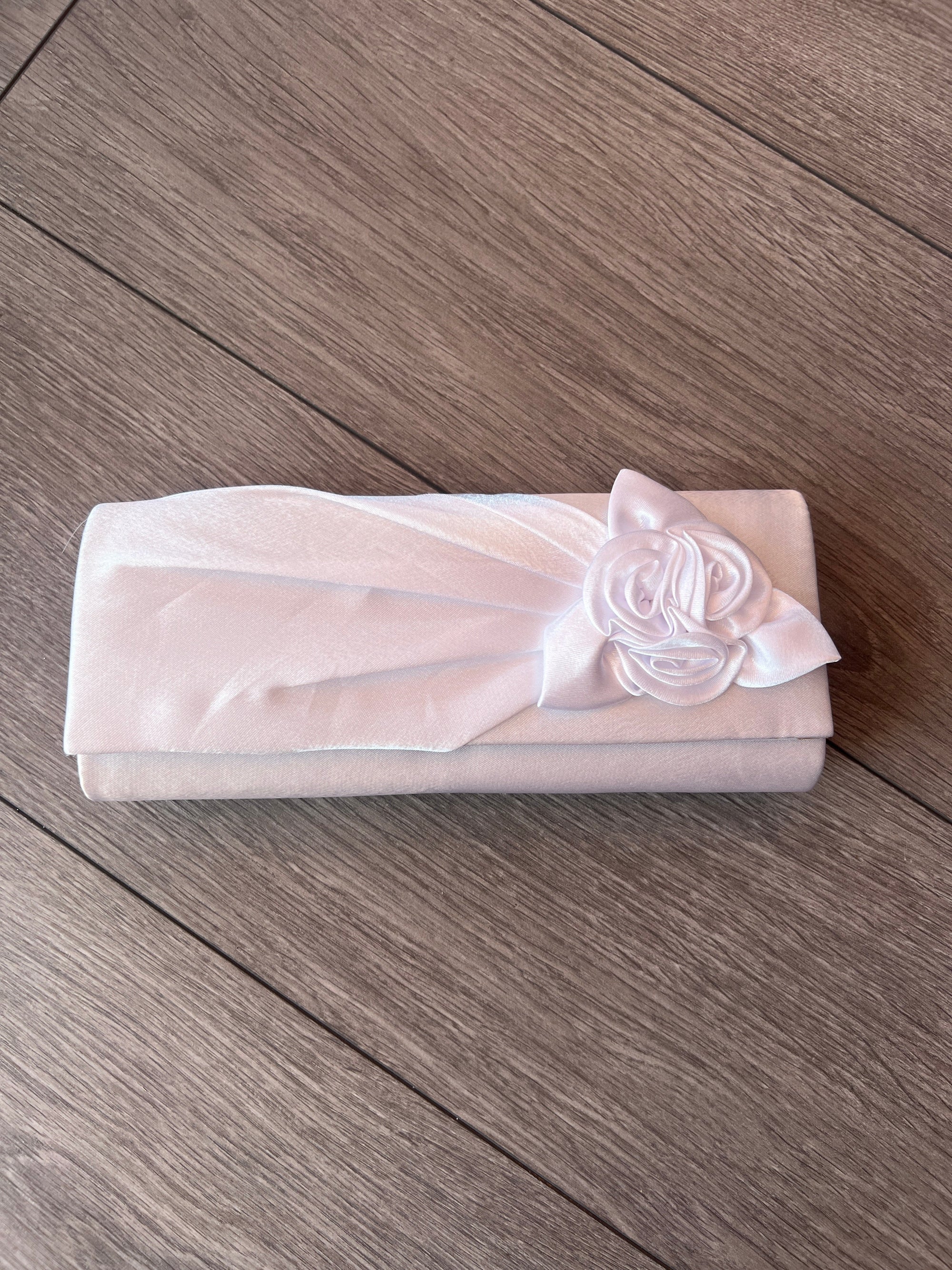 White Satin Clutch Bag With Rose Flower Detail-Fascinators Direct