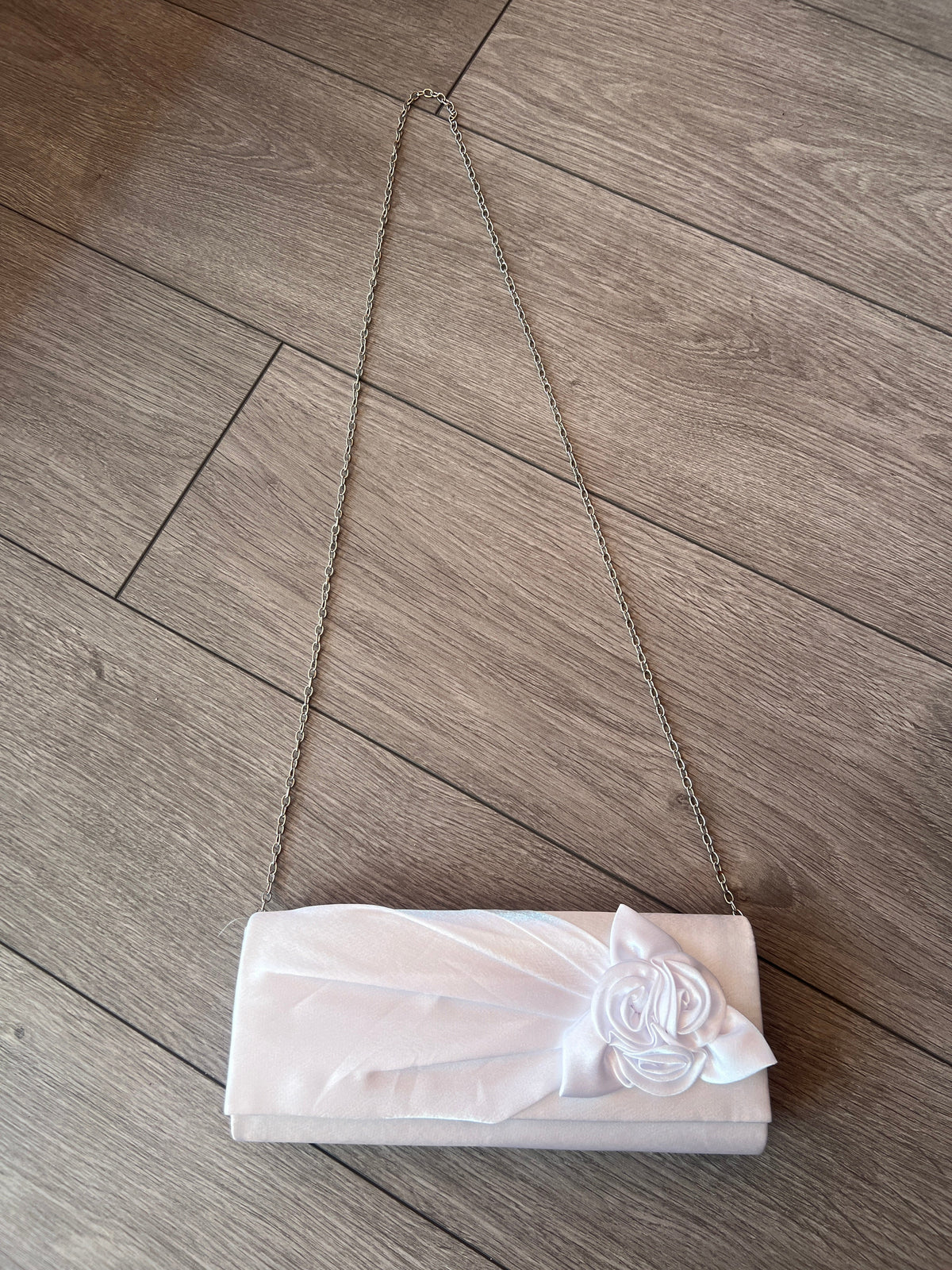 White Satin Clutch Bag With Rose Flower Detail-Fascinators Direct