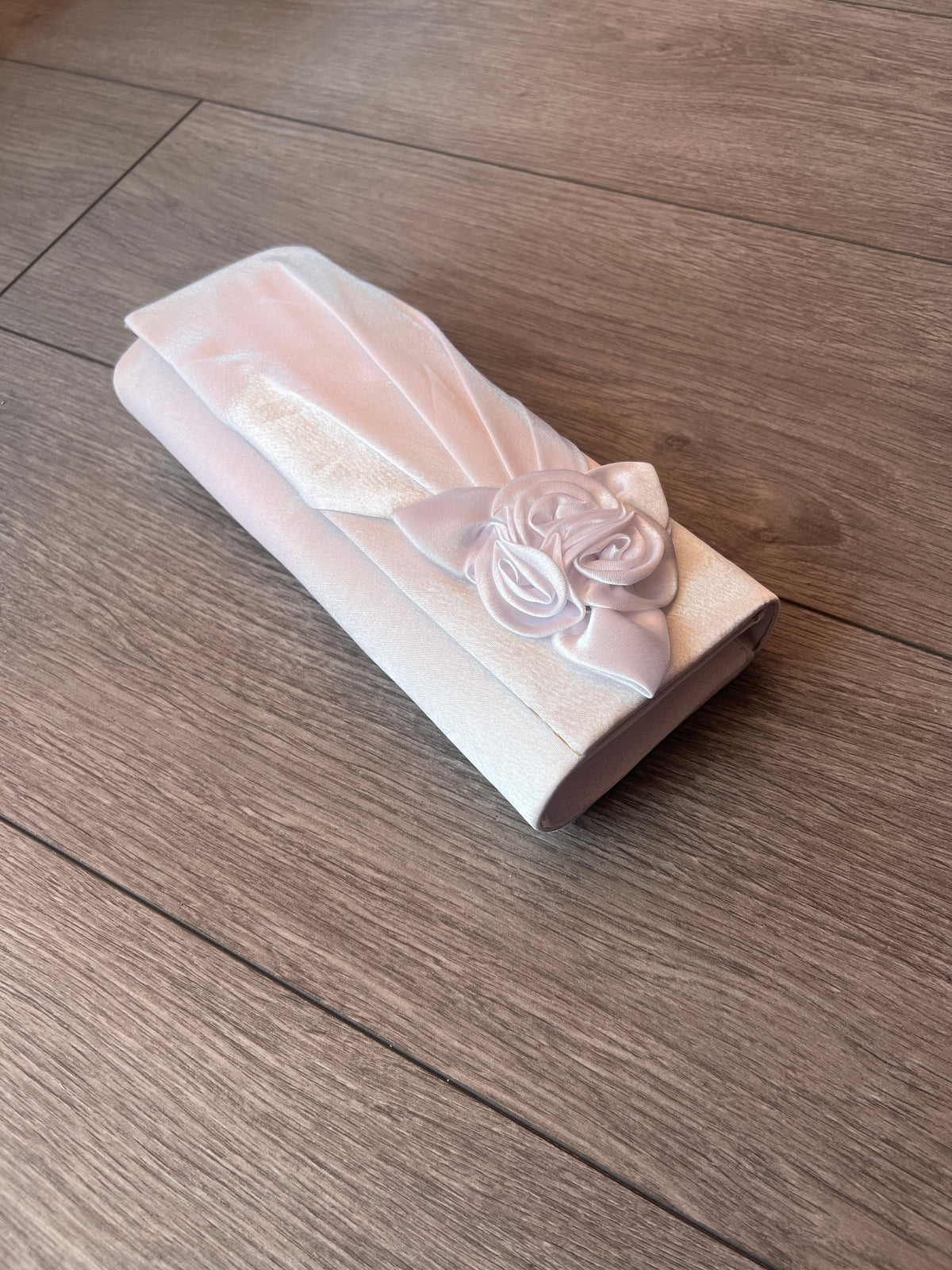 White Satin Clutch Bag With Rose Flower Detail-Fascinators Direct