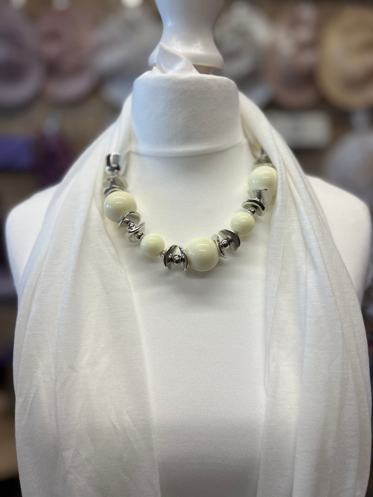 White Scarf Necklace With Beads-Fascinators Direct