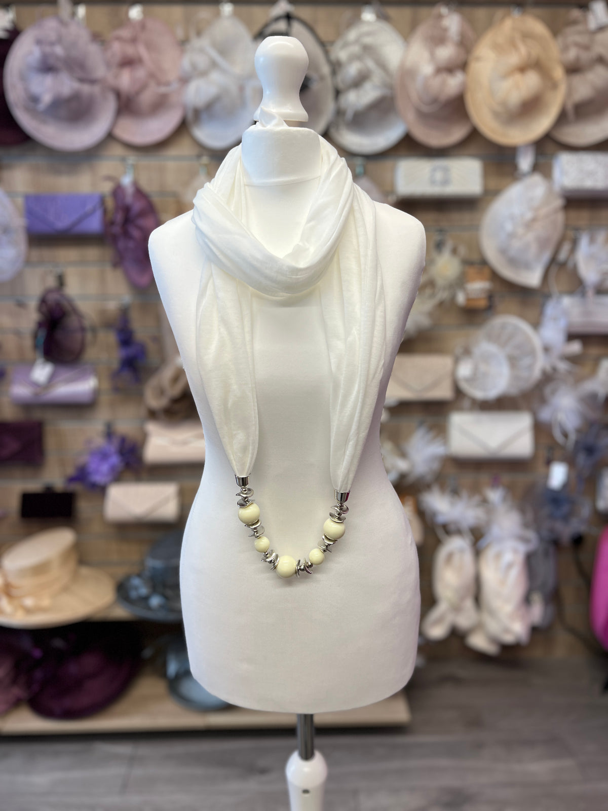 White Scarf Necklace With Beads-Fascinators Direct