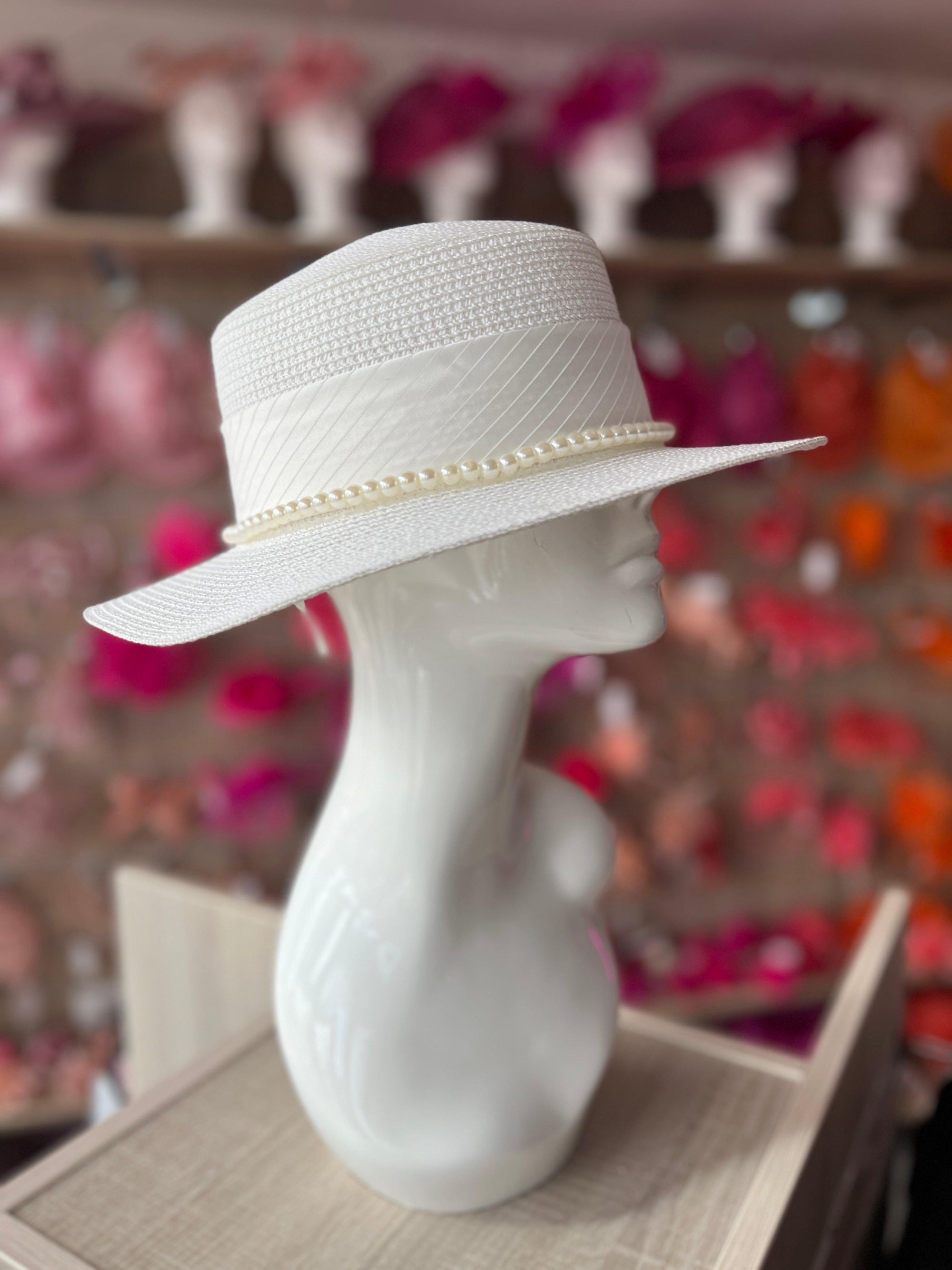 White Straw Hat With Pearl & Ribbon Detail-Fascinators Direct