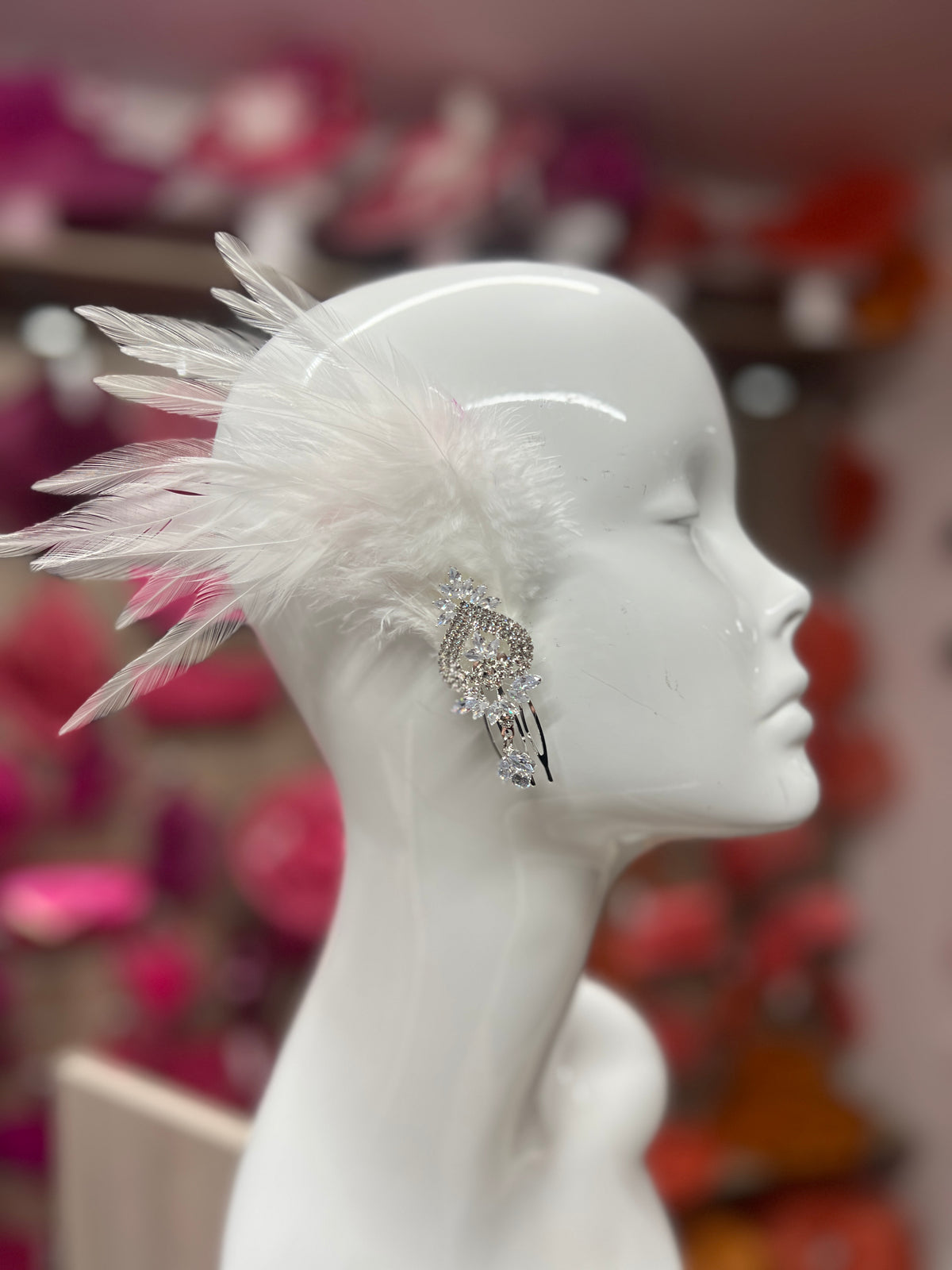 White Vintage Feather Flapper Hair Comb With Diamanté Embellishment-Fascinators Direct