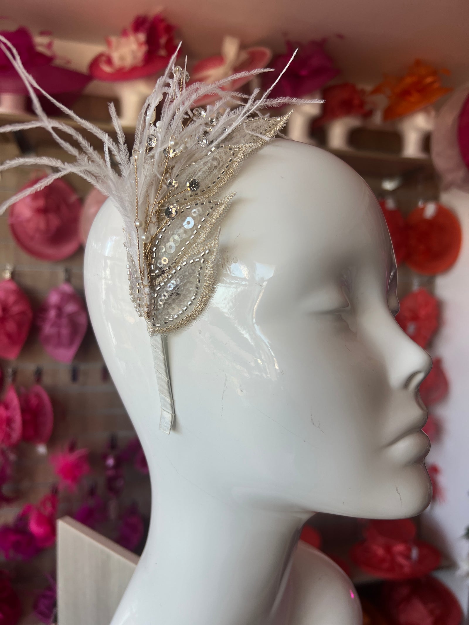 White Vintage Leaf Headband Fascinator With Rhinestones & Faux Pearls-Fascinators Direct