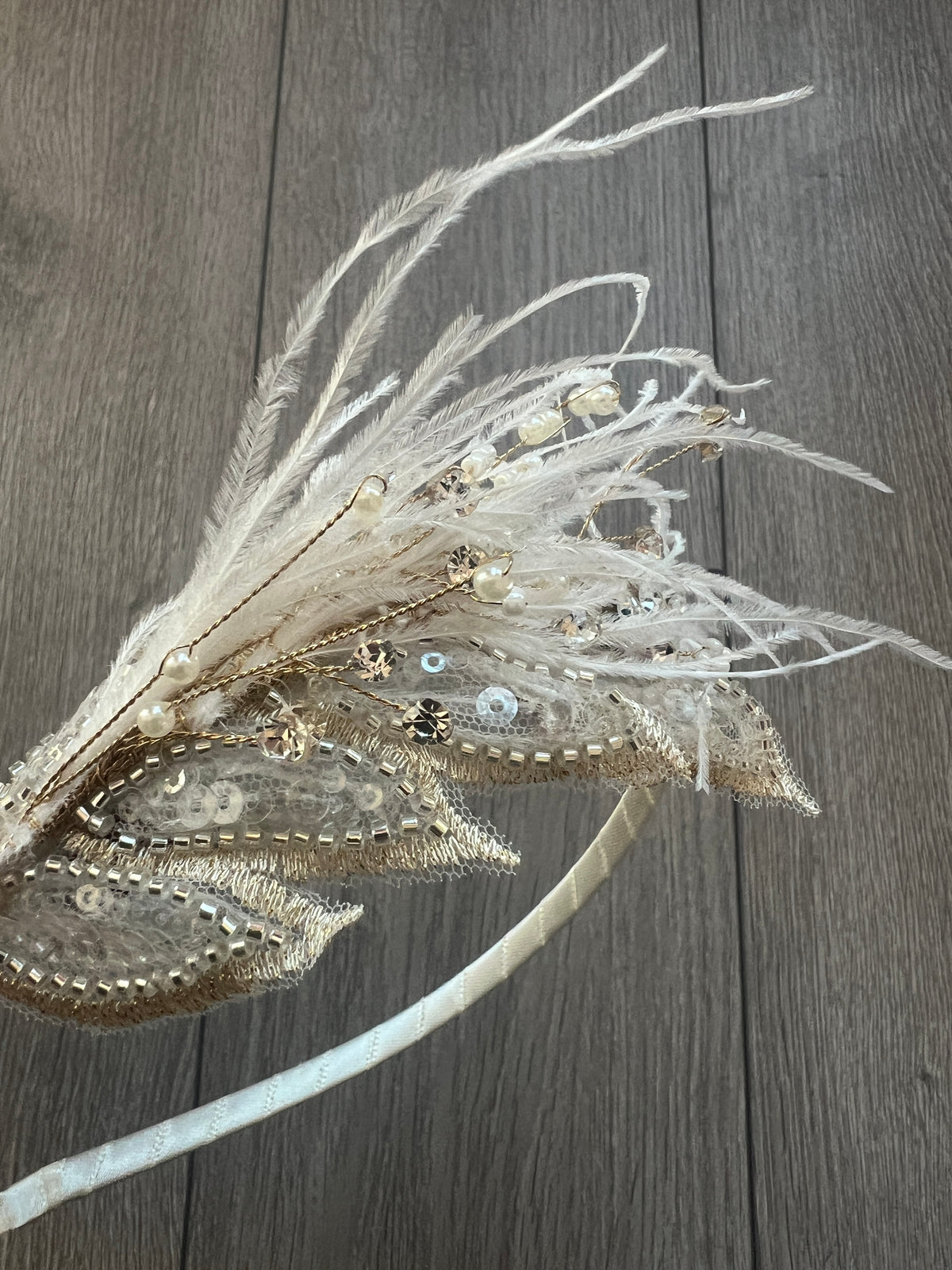 White Vintage Leaf Headband Fascinator With Rhinestones &amp; Faux Pearls-Fascinators Direct
