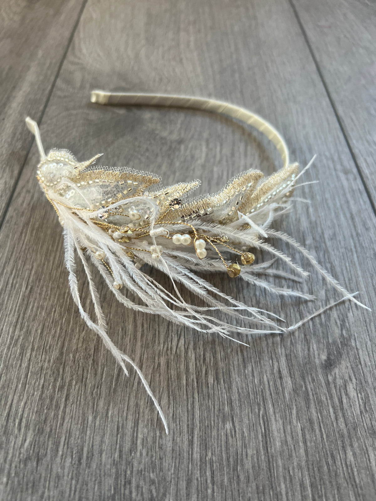 White Vintage Leaf Headband Fascinator With Rhinestones &amp; Faux Pearls-Fascinators Direct