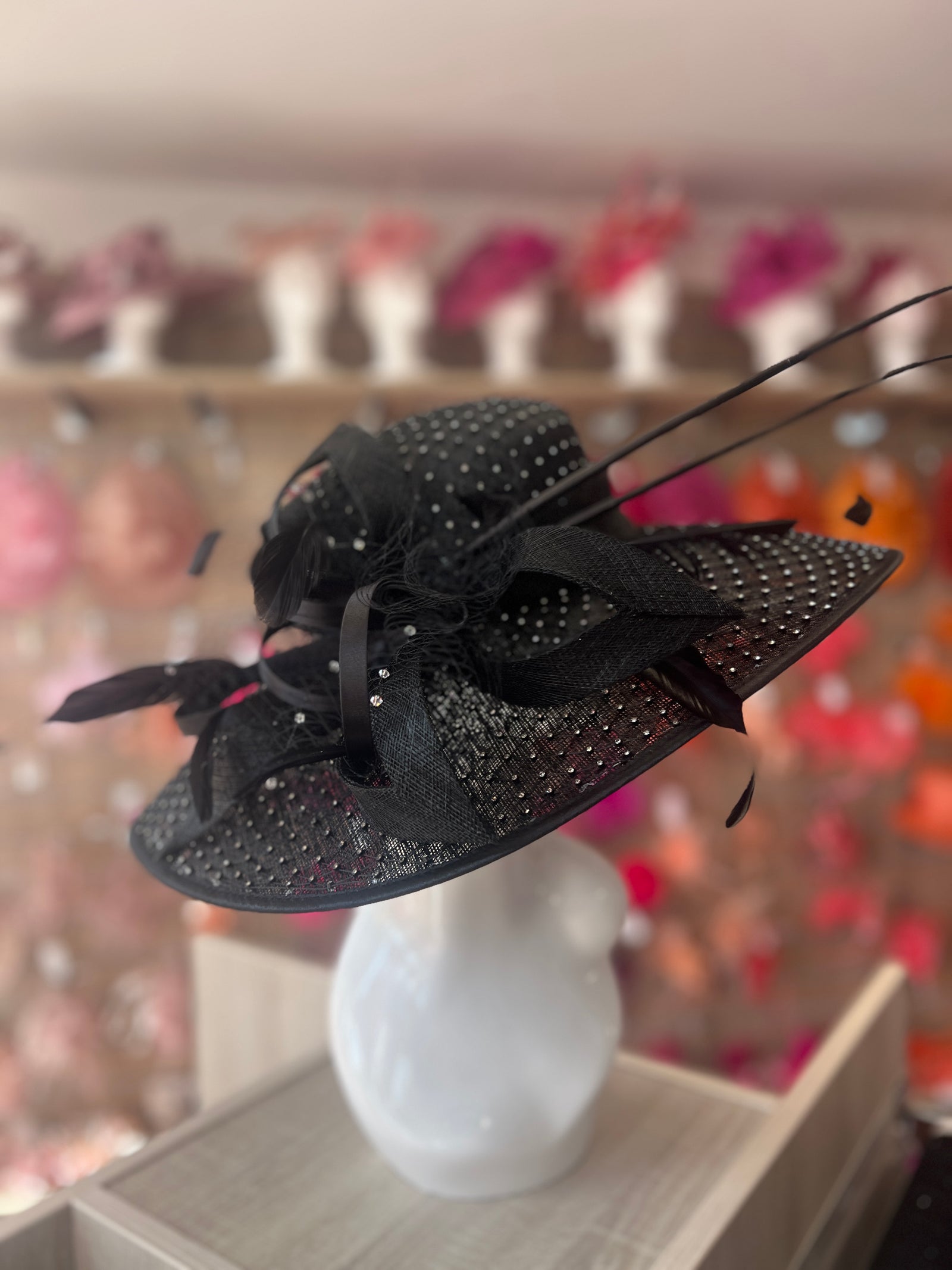 Wide Brim Deluxe Black Occasion Hat with Crystal Mesh-Fascinators Direct