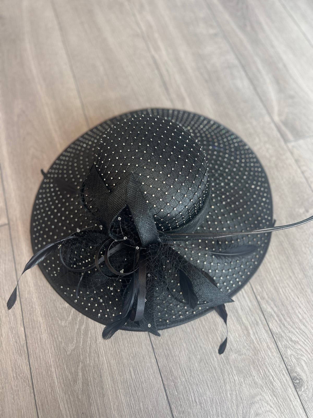 Wide Brim Deluxe Black Occasion Hat with Crystal Mesh-Fascinators Direct