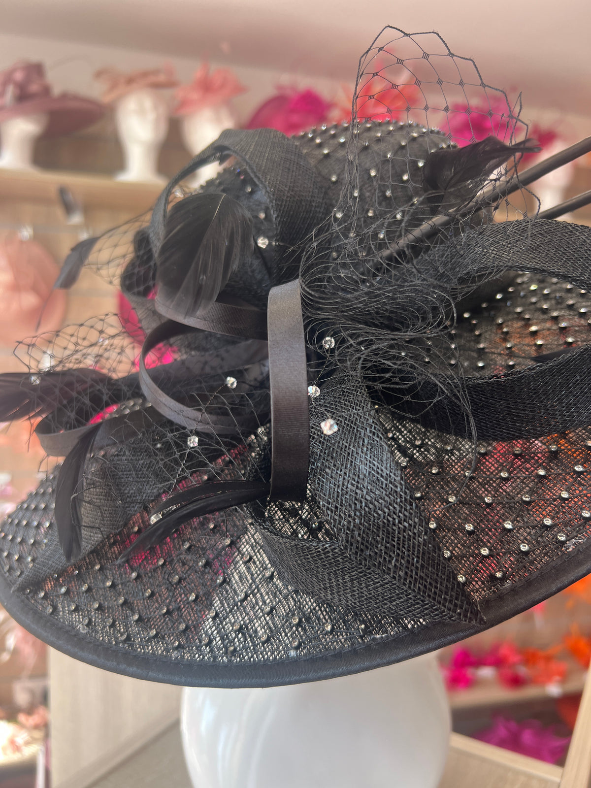 Wide Brim Deluxe Black Occasion Hat with Crystal Mesh-Fascinators Direct