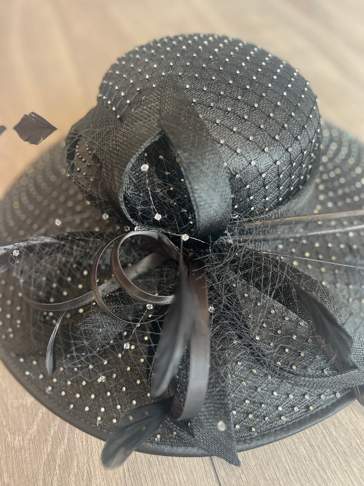 Wide Brim Deluxe Black Occasion Hat with Crystal Mesh-Fascinators Direct