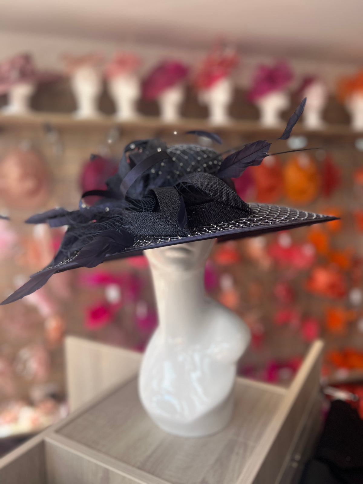 Wide Brim Deluxe Navy Occasion Hat with Crystal Mesh-Fascinators Direct