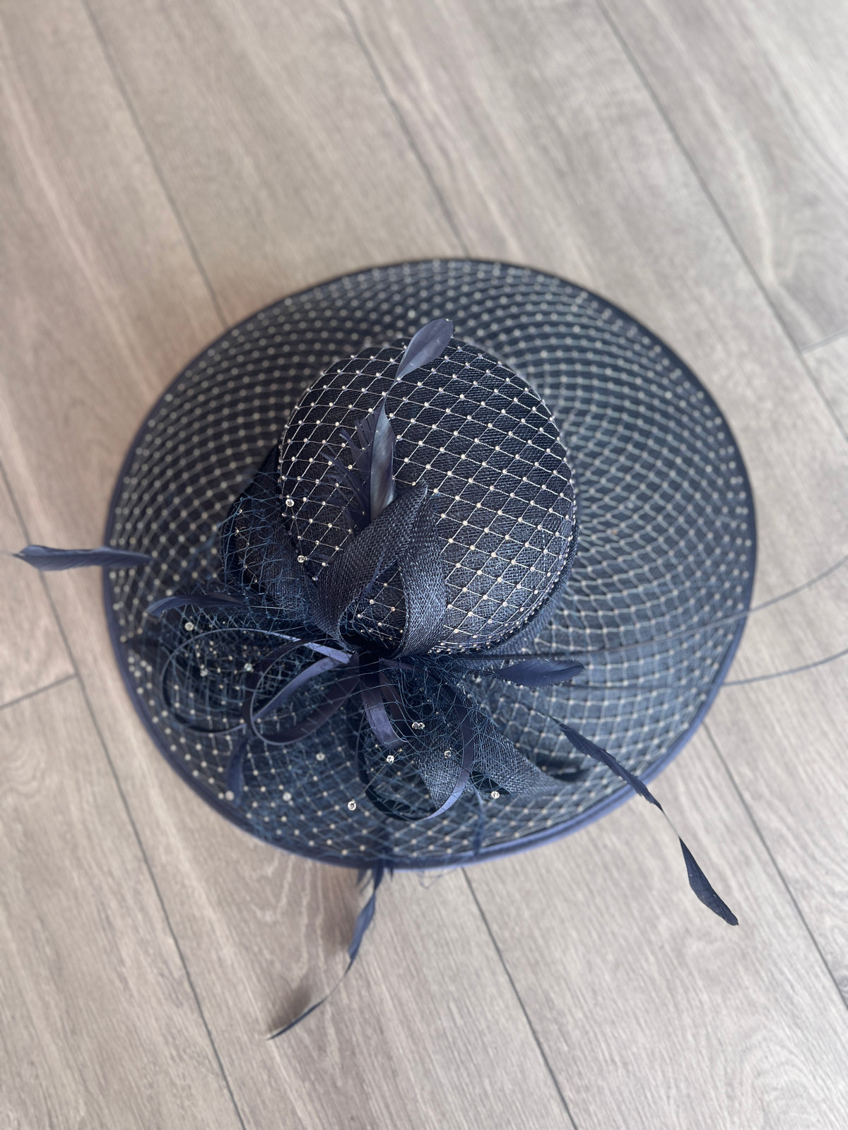 Wide Brim Deluxe Navy Occasion Hat with Crystal Mesh-Fascinators Direct