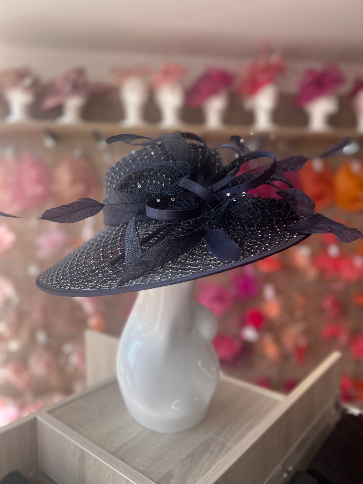 Wide Brim Deluxe Navy Occasion Hat with Crystal Mesh-Fascinators Direct