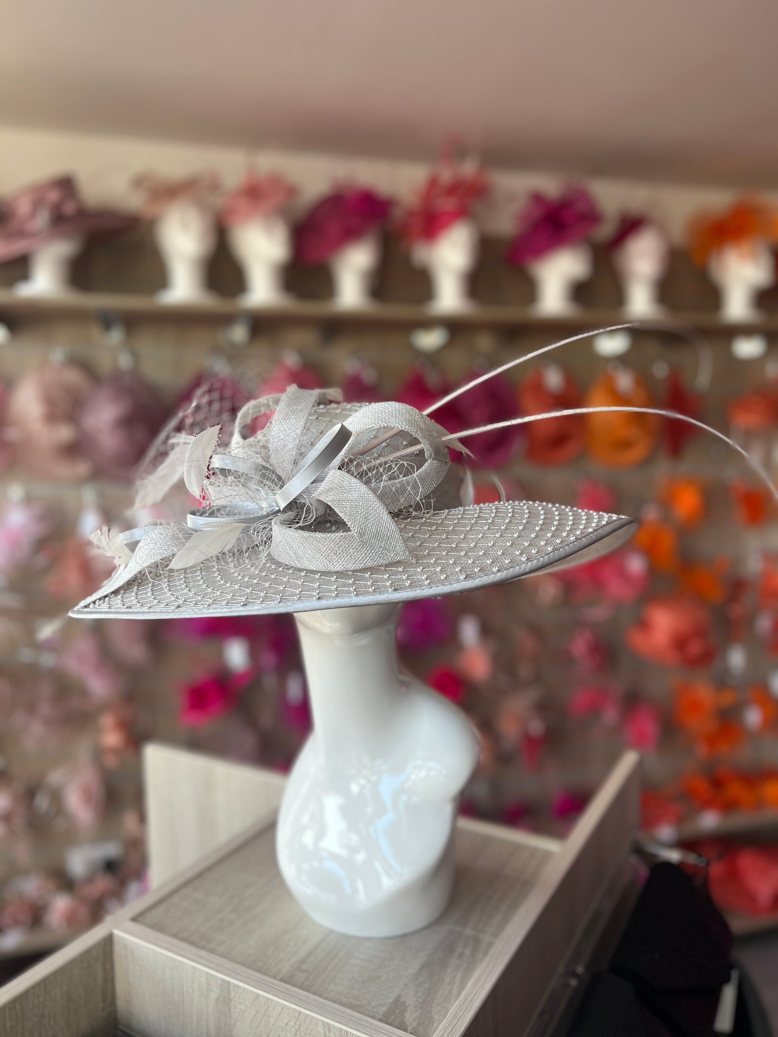 Wide Brim Deluxe Silver Occasion Hat with Crystal Mesh-Fascinators Direct