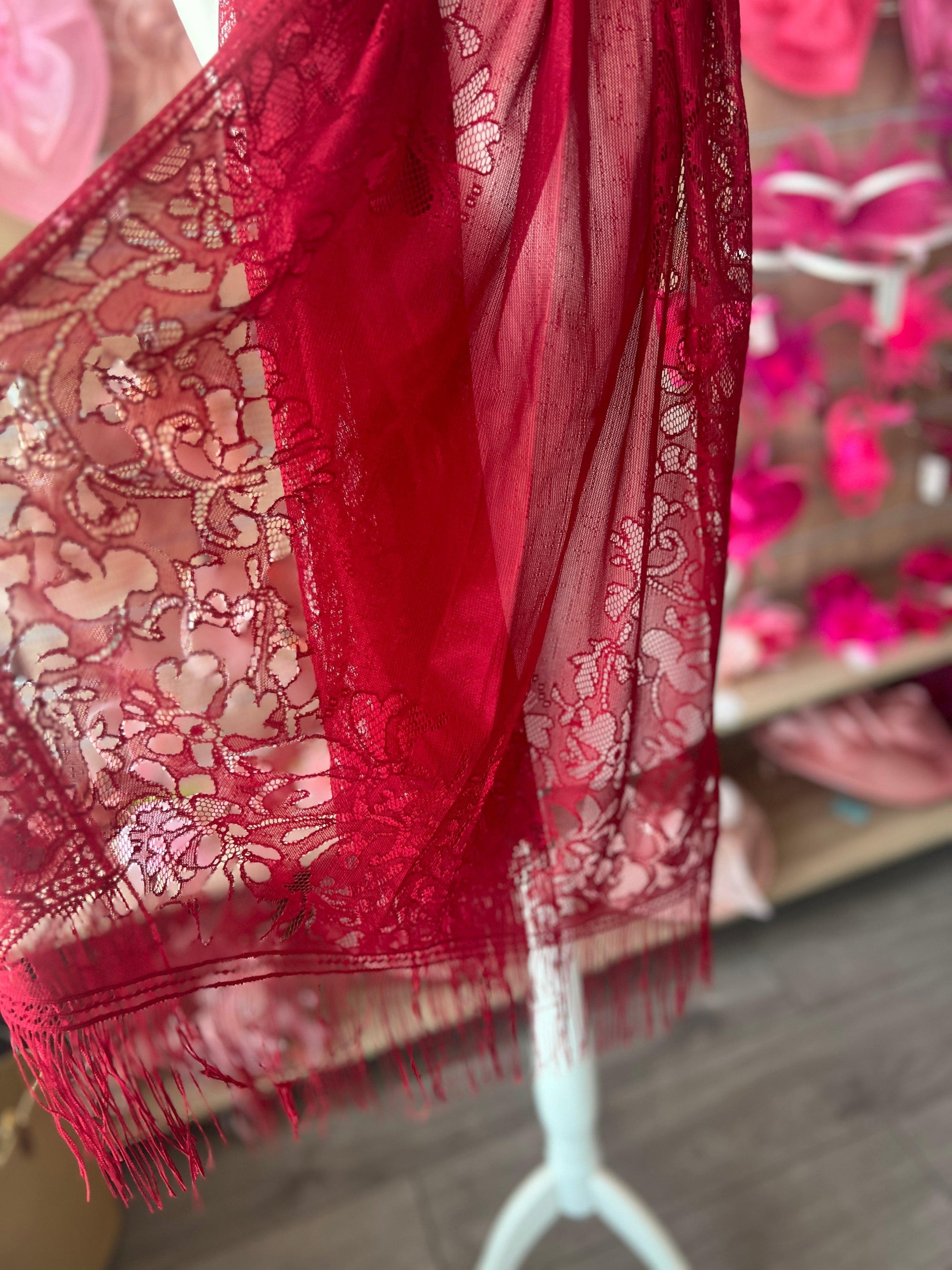 Wine Red Lace Shawl-Fascinators Direct