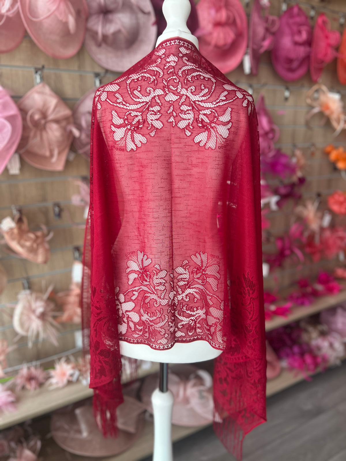 Wine Red Lace Shawl-Fascinators Direct