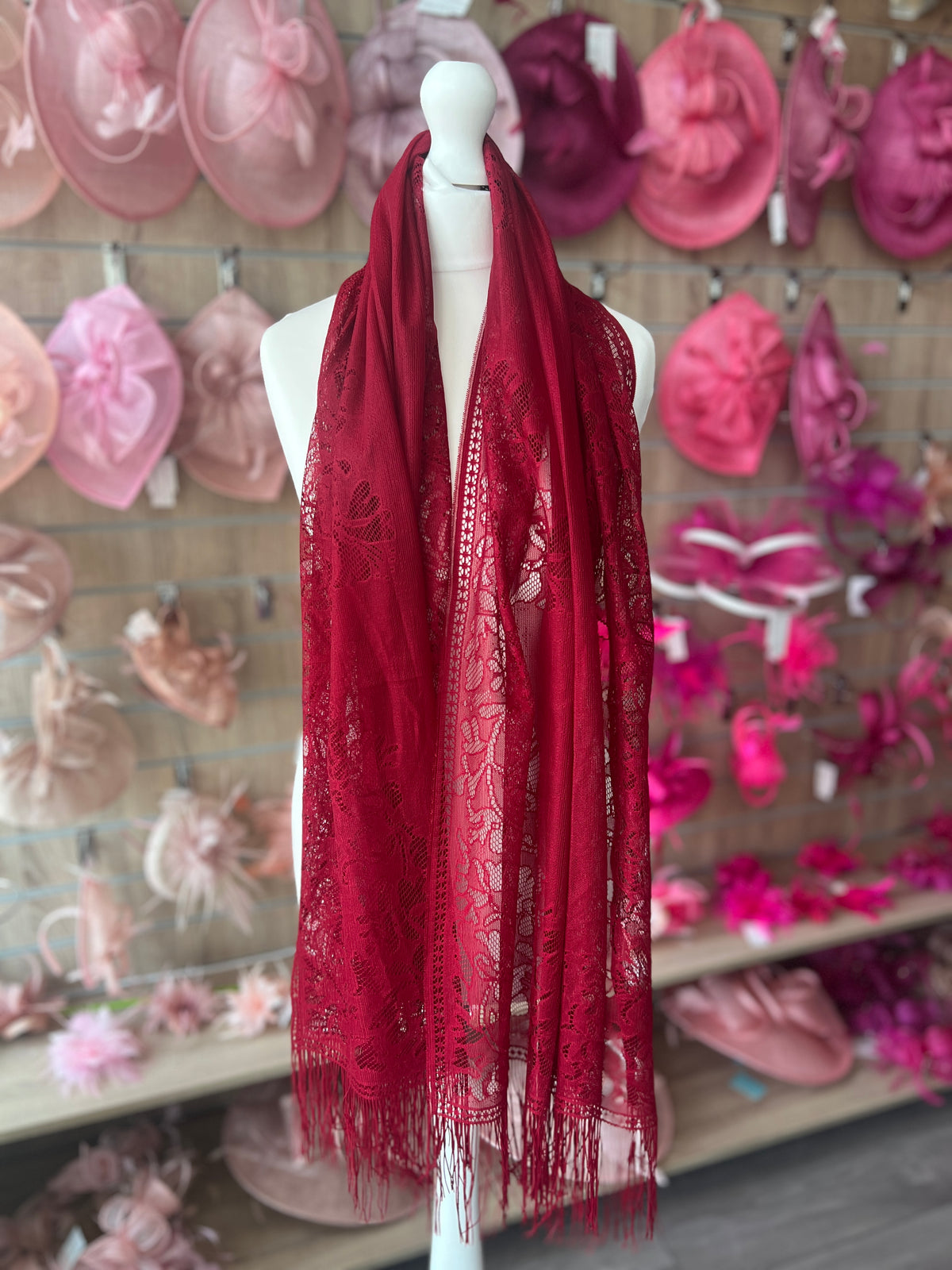 Wine Red Lace Shawl-Fascinators Direct