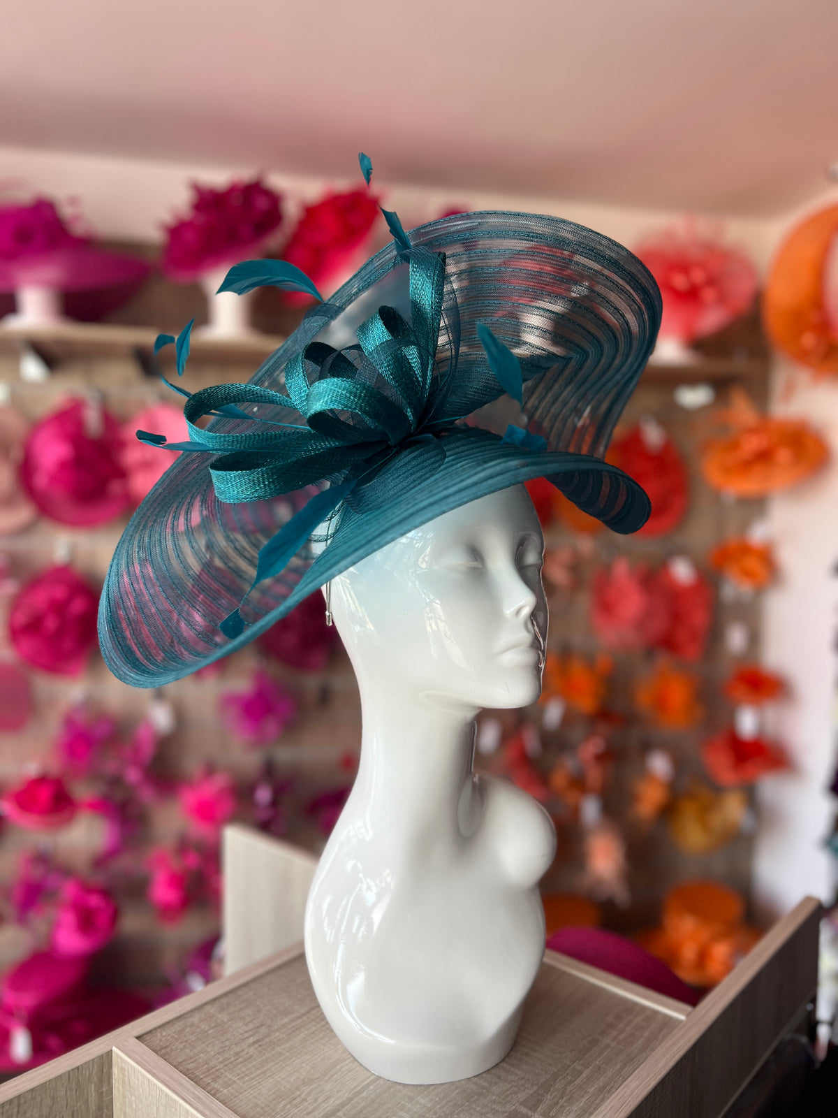 Winter Teal Crinoline Hatinator with Loops &amp; Feathers-Fascinators Direct