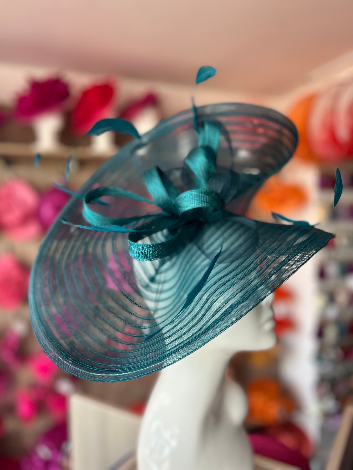 Winter Teal Crinoline Hatinator with Loops &amp; Feathers-Fascinators Direct