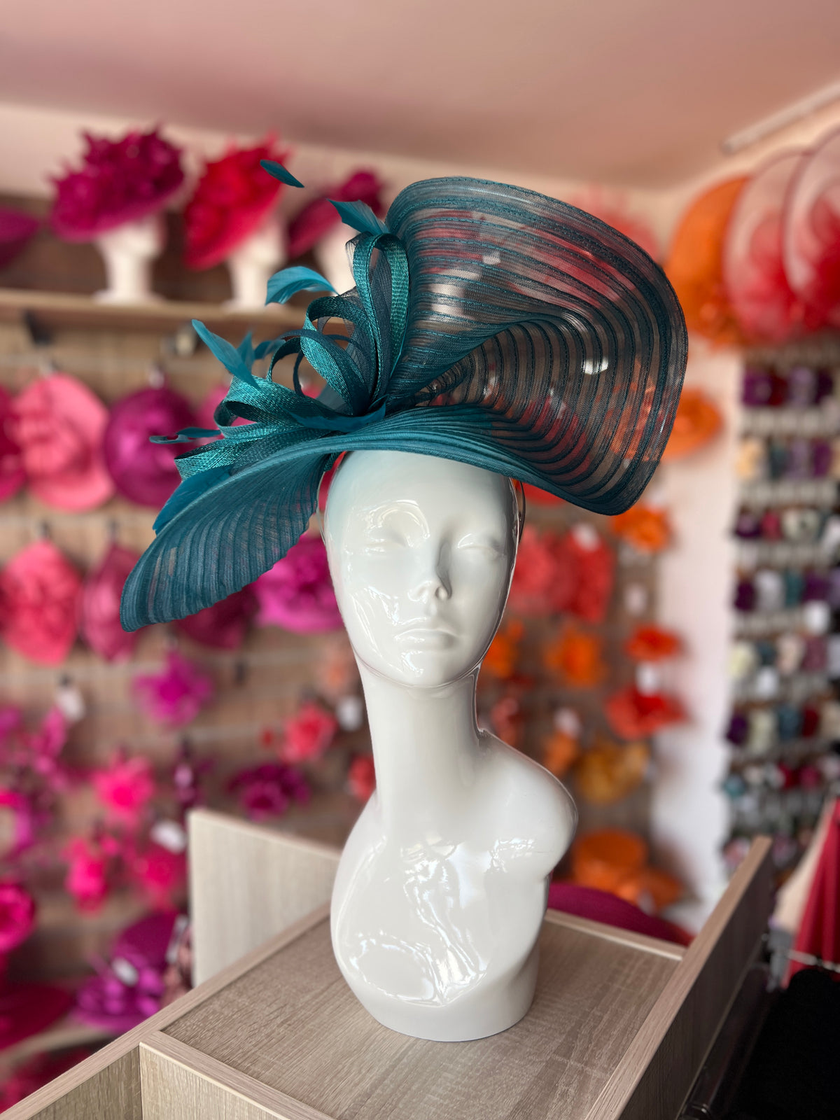 Winter Teal Crinoline Hatinator with Loops &amp; Feathers-Fascinators Direct