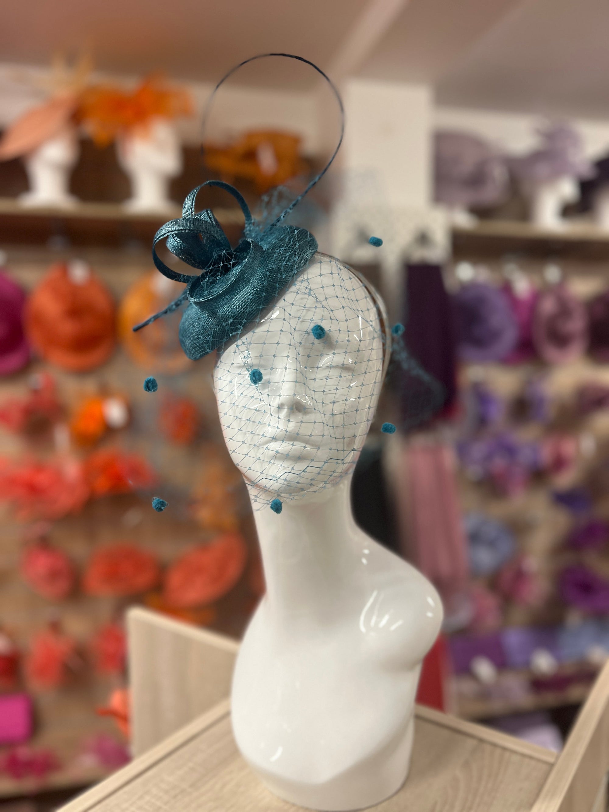 Winter Teal Pillbox Hat with Veil & Curled Quill-Fascinators Direct