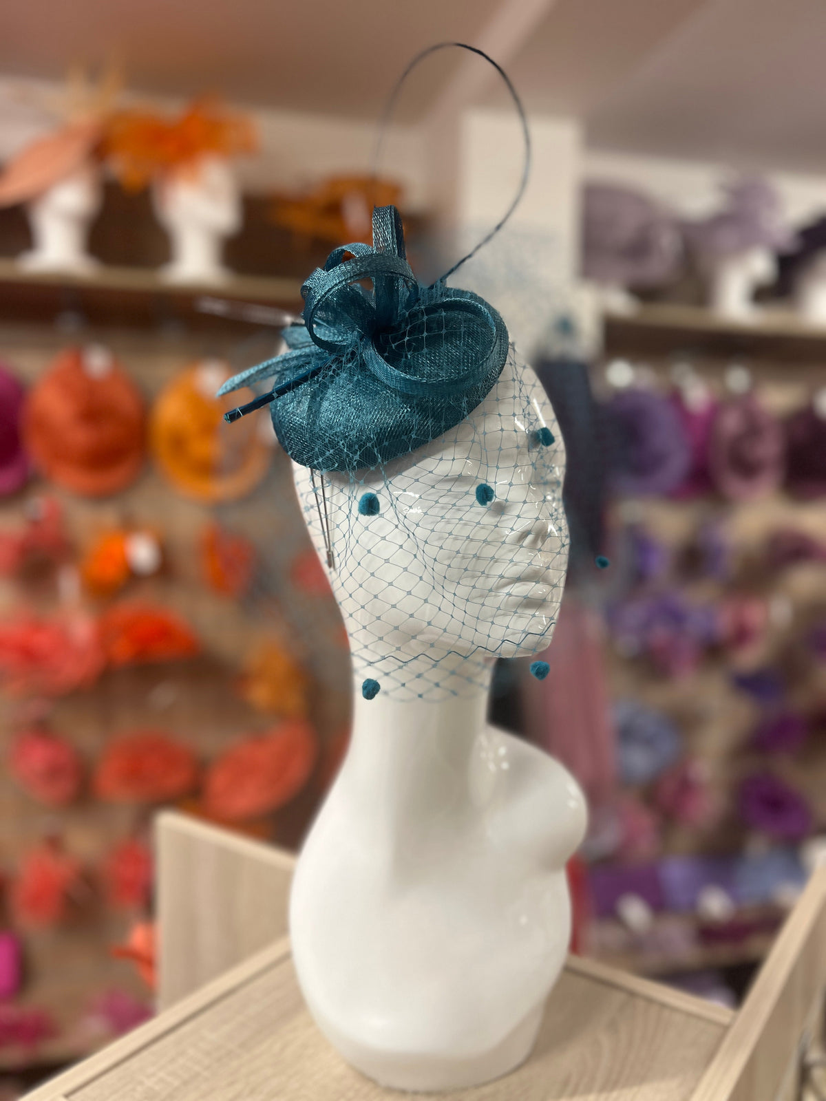 Winter Teal Pillbox Hat with Veil &amp; Curled Quill-Fascinators Direct