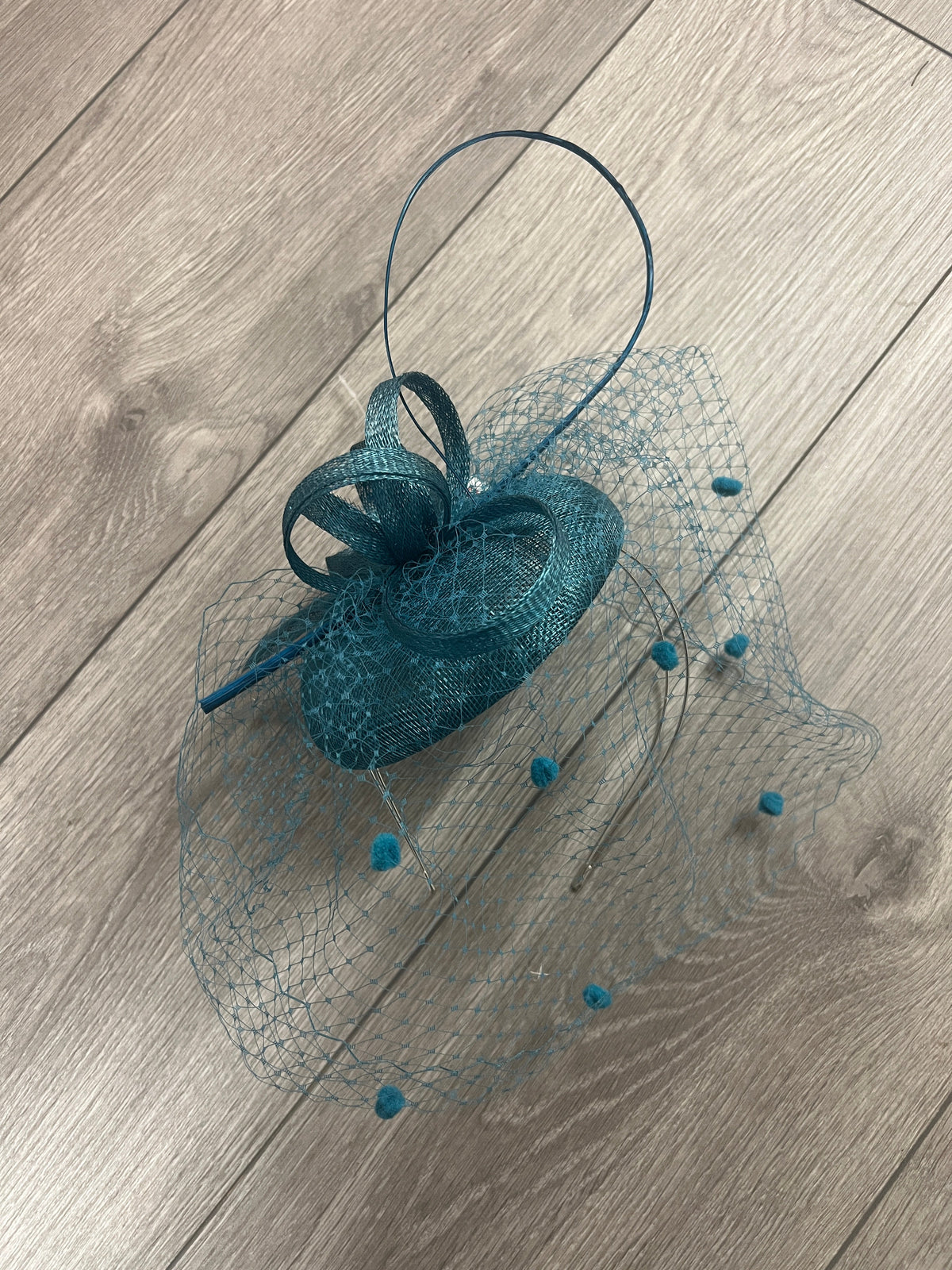 Winter Teal Pillbox Hat with Veil &amp; Curled Quill-Fascinators Direct