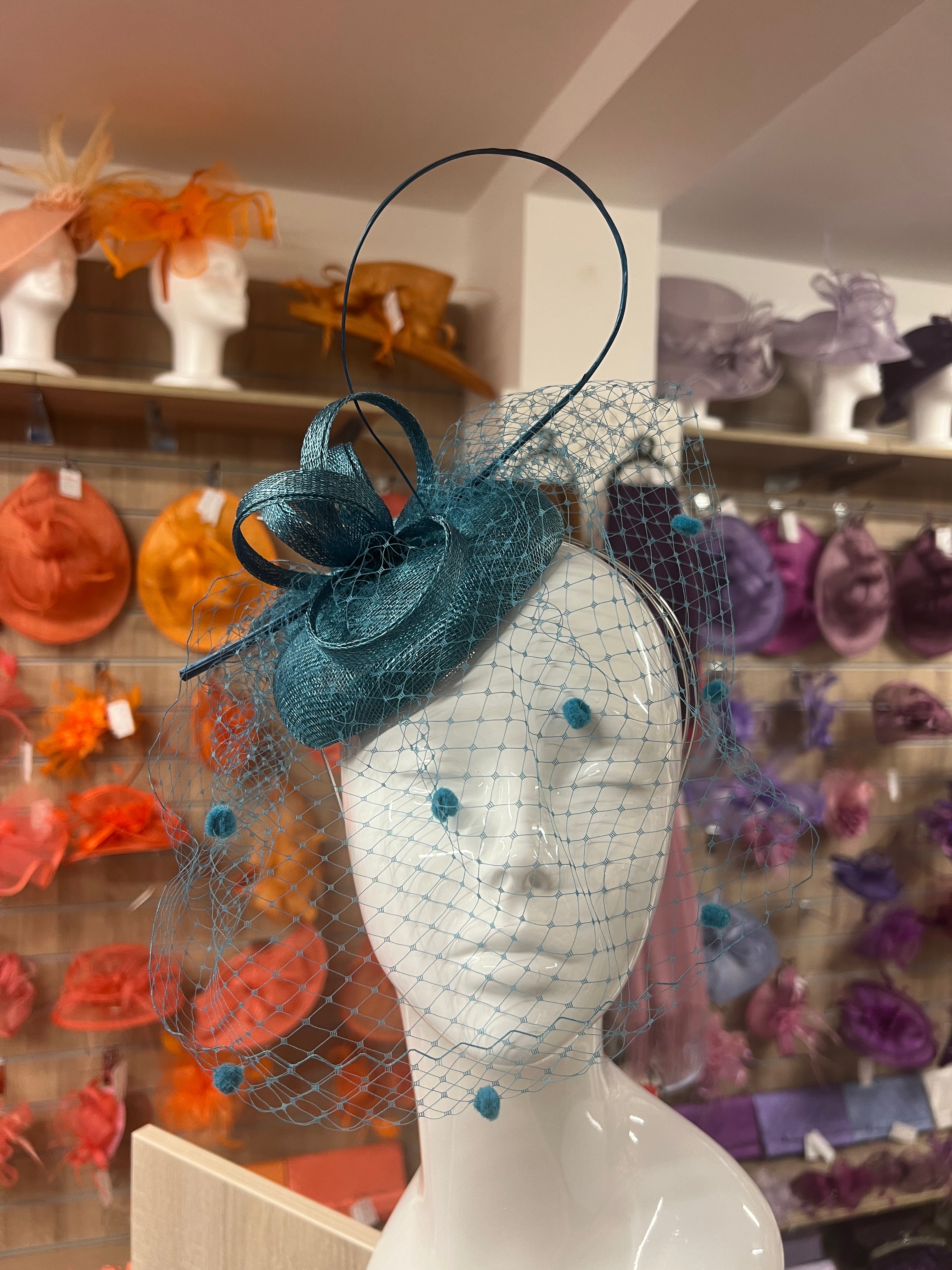 Winter Teal Pillbox Hat with Veil Curled Quill