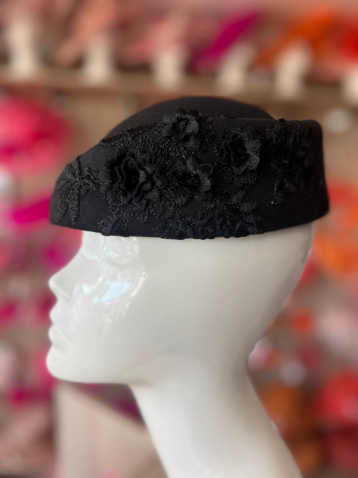 Winter Vintage Black Felt Pillbox Hat Fascinator With Floral Lace Detailing-Fascinators Direct