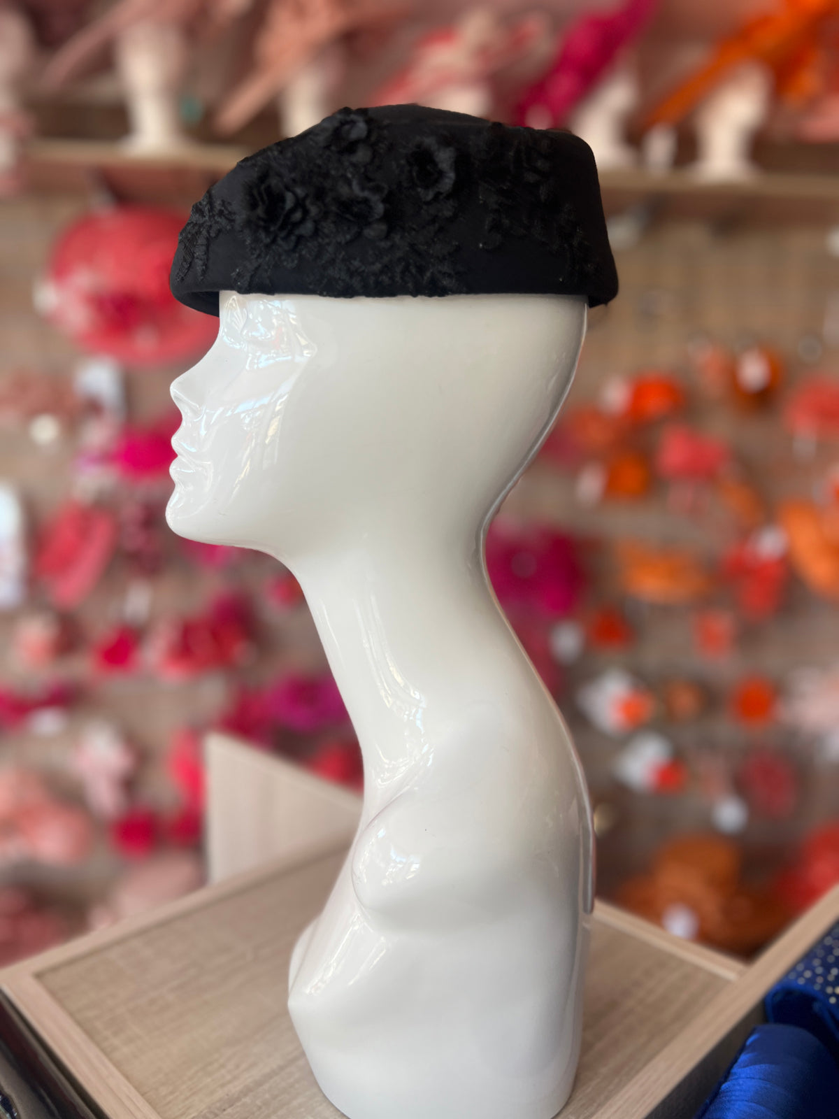 Winter Vintage Black Felt Pillbox Hat Fascinator With Floral Lace Detailing-Fascinators Direct