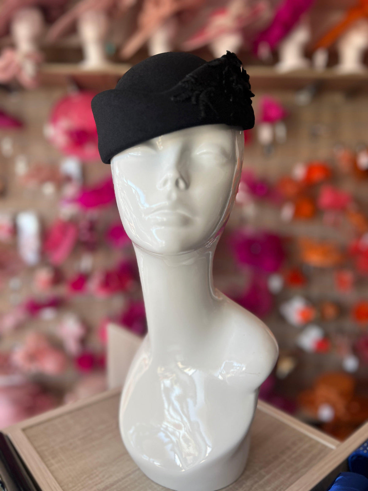 Winter Vintage Black Felt Pillbox Hat Fascinator With Floral Lace Detailing-Fascinators Direct