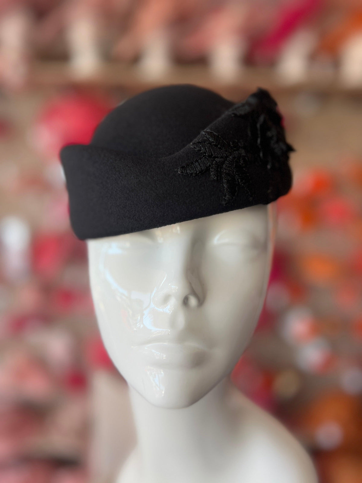 Winter Vintage Black Felt Pillbox Hat Fascinator With Floral Lace Detailing-Fascinators Direct