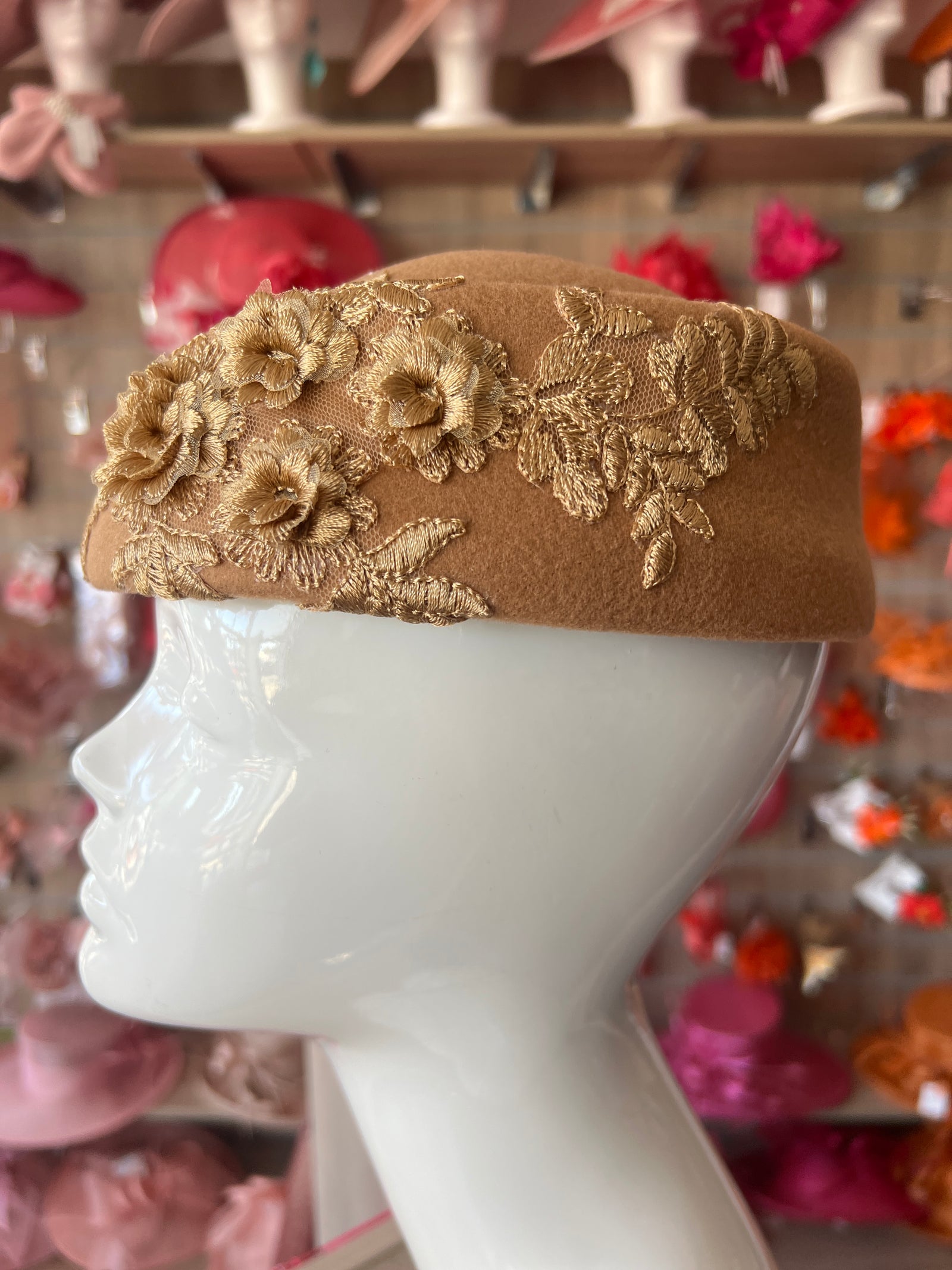Winter Vintage Camel Felt Pillbox Hat Fascinator With Floral Lace Detailing-Fascinators Direct