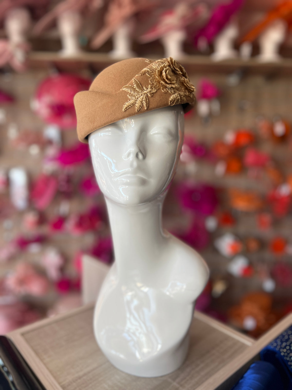Winter Vintage Camel Felt Pillbox Hat Fascinator With Floral Lace Detailing-Fascinators Direct