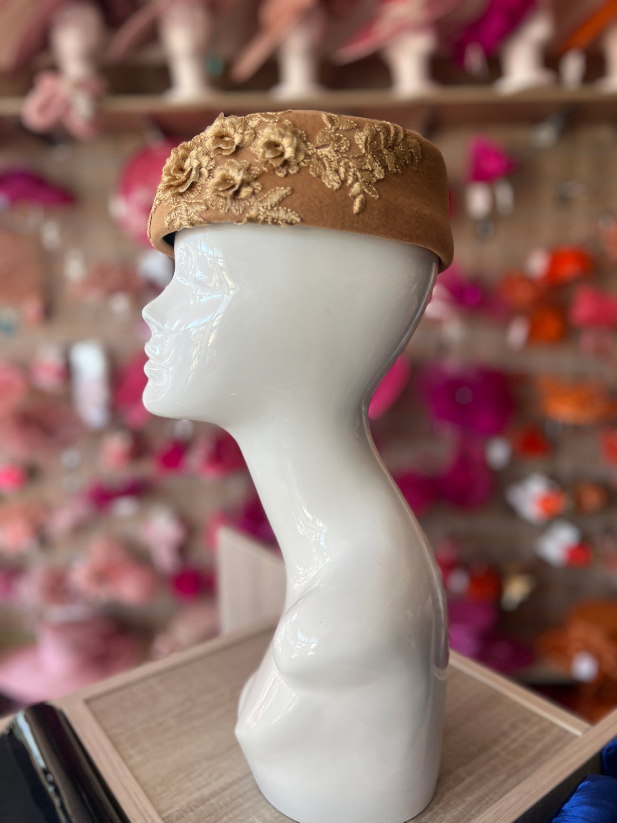 Winter Vintage Camel Felt Pillbox Hat Fascinator With Floral Lace Detailing-Fascinators Direct