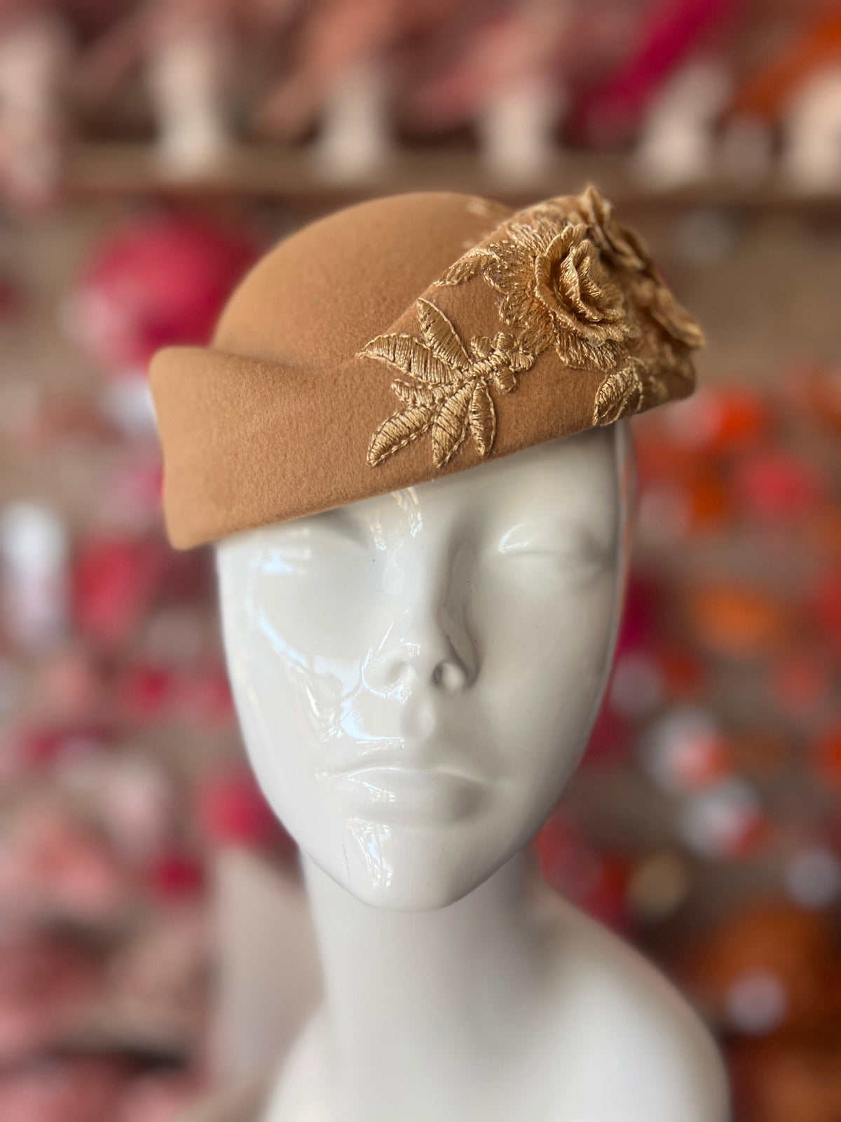 Winter Vintage Camel Felt Pillbox Hat Fascinator With Floral Lace Detailing-Fascinators Direct