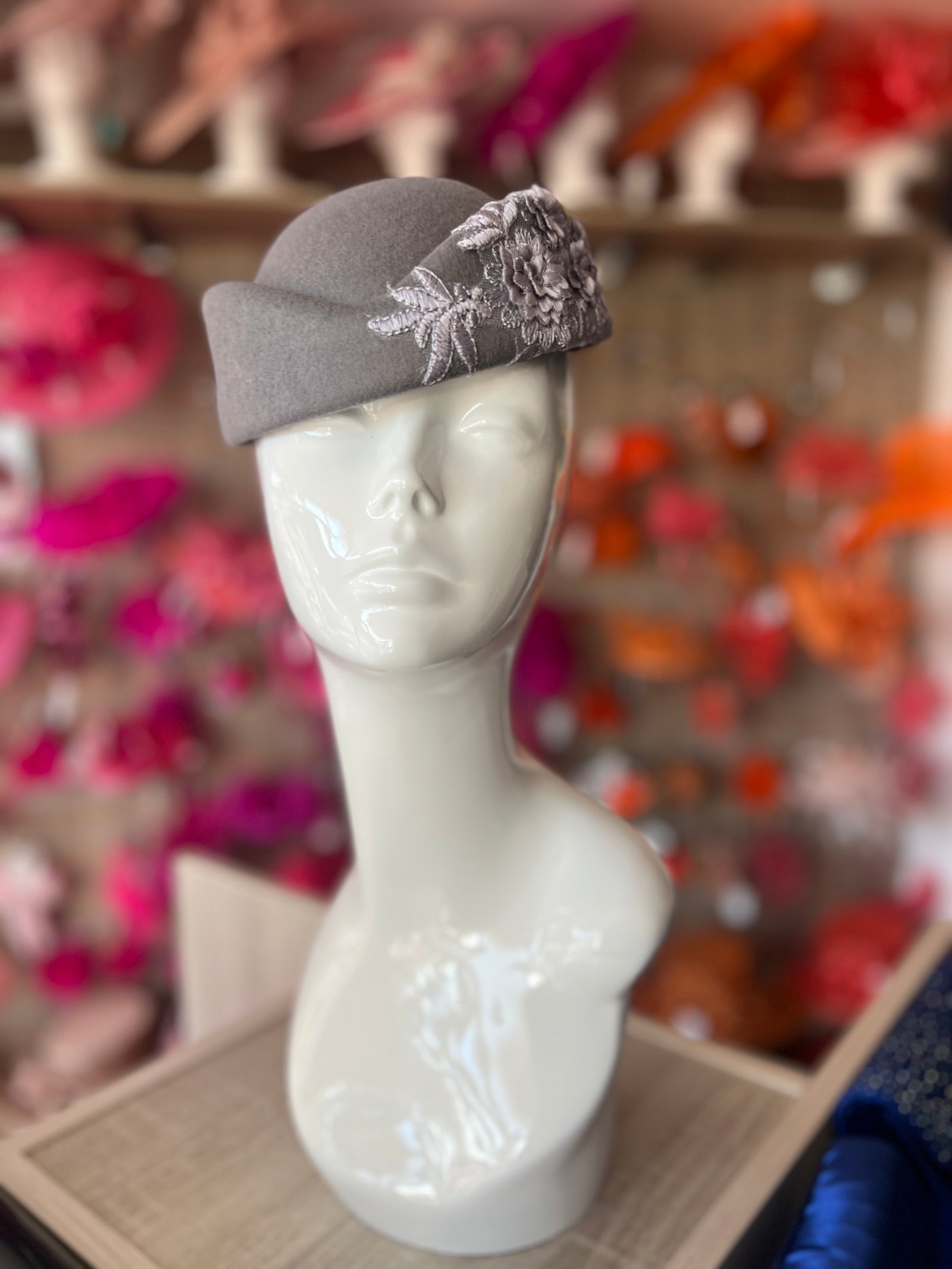 Winter Vintage Grey Felt Pillbox Hat Fascinator With Floral Lace Detailing-Fascinators Direct