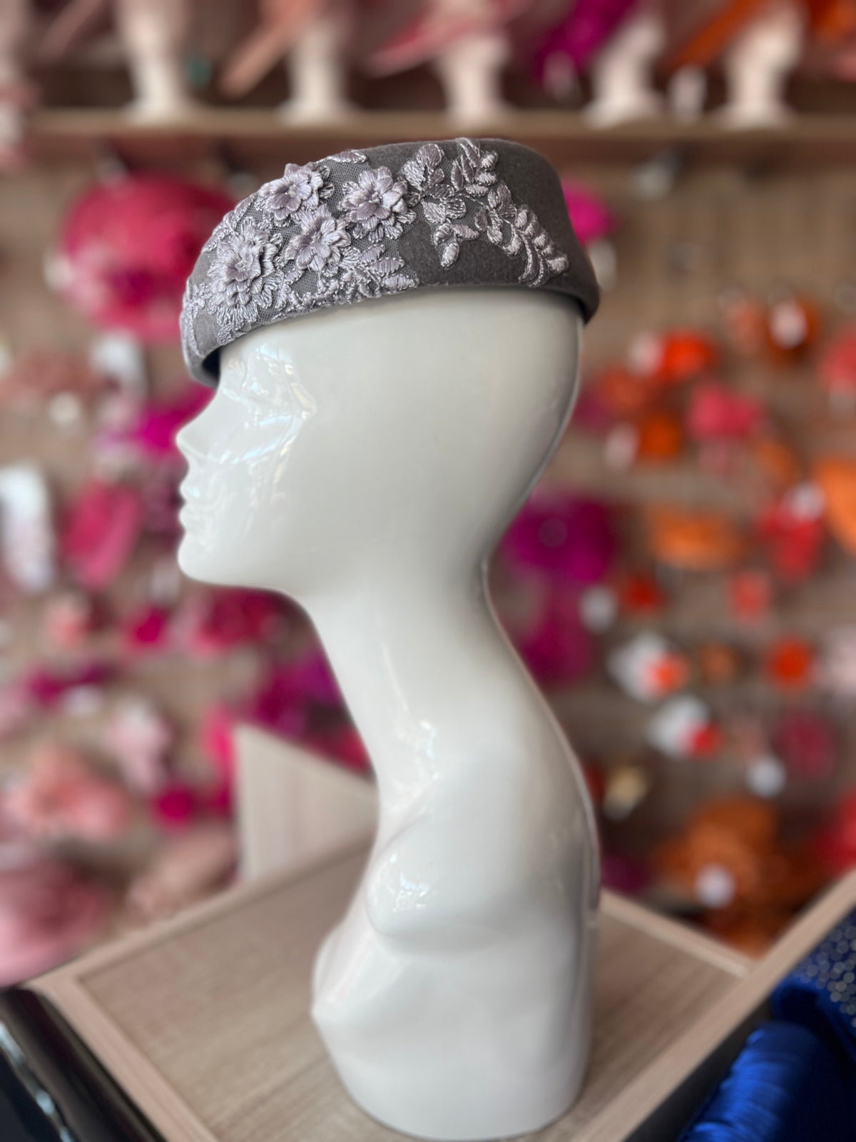 Winter Vintage Grey Felt Pillbox Hat Fascinator With Floral Lace Detailing-Fascinators Direct