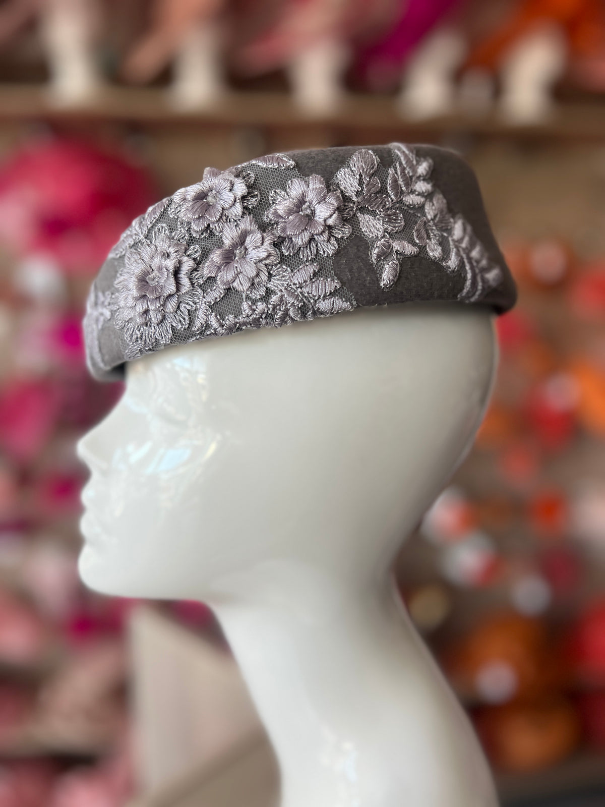 Winter Vintage Grey Felt Pillbox Hat Fascinator With Floral Lace Detailing-Fascinators Direct
