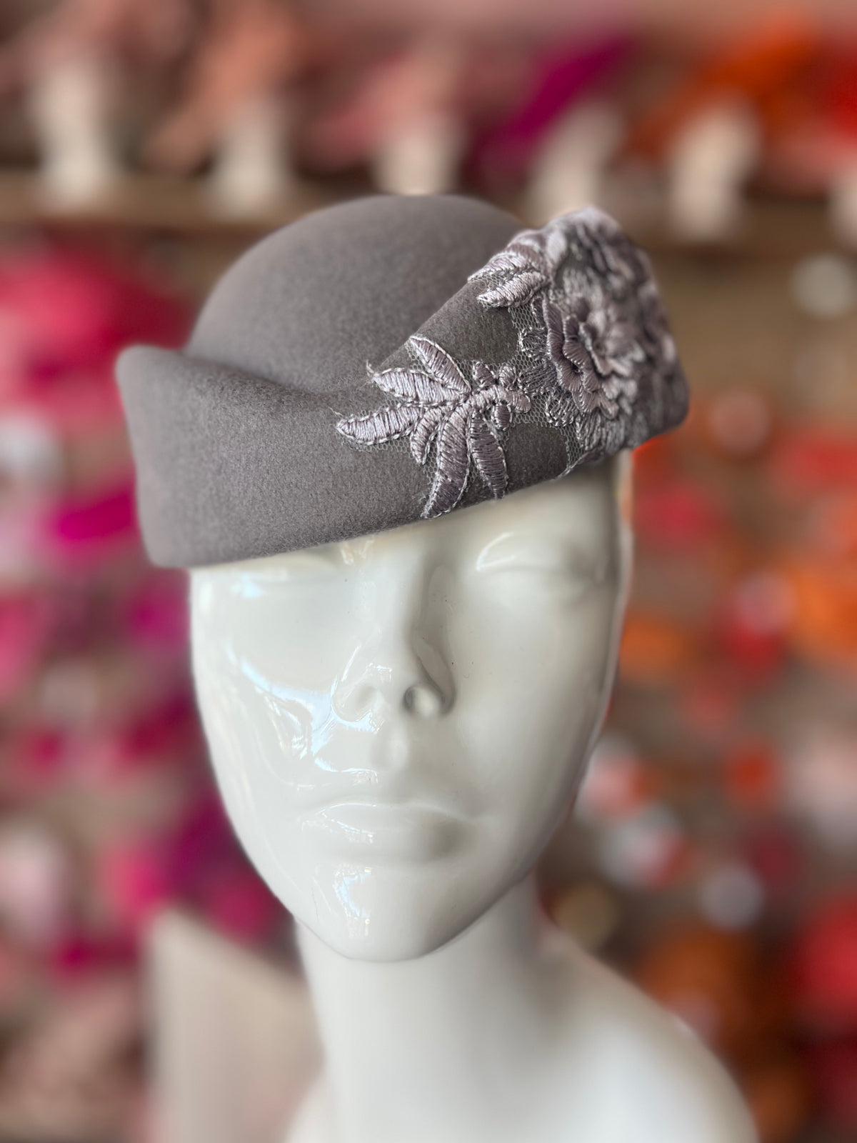 Winter Vintage Grey Felt Pillbox Hat Fascinator With Floral Lace Detailing-Fascinators Direct